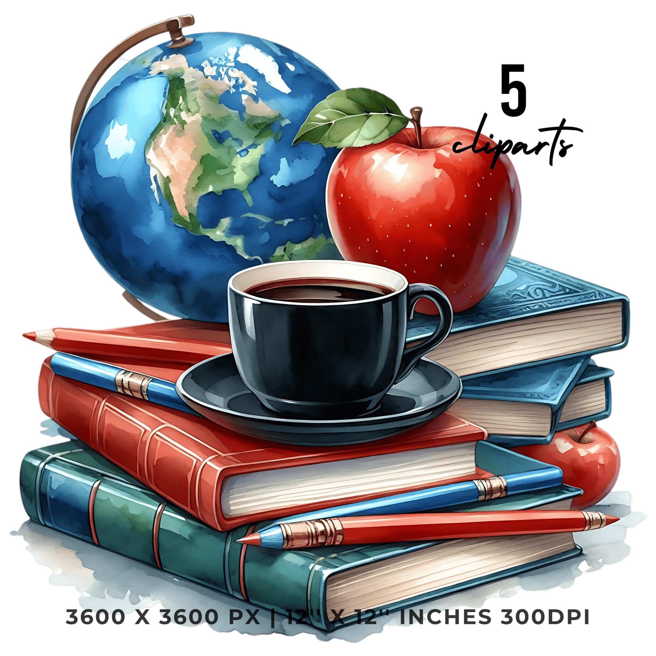 Teacher Clipart with Red Apple on Books, Earth Globe & Coffee Cup | Teacher Clipart | Educator Clipart Sublimation 5 JPG-PNG Commercial Use – Instant Digital Download