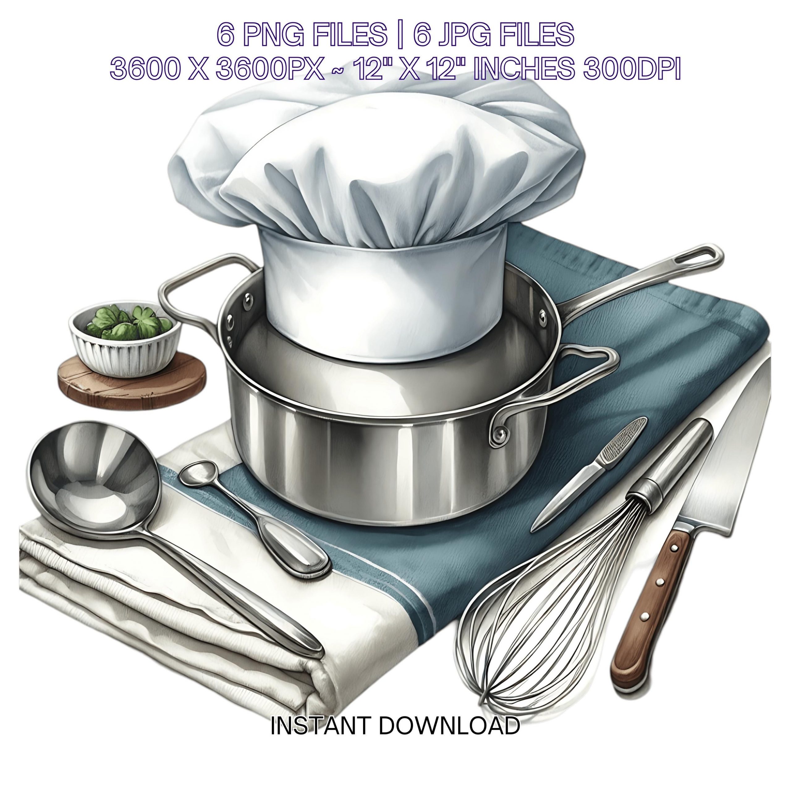 Chef Clipart with Chef Hat, Knife, Ladle & Saucepan | Cooking Clipart | Kitchen Clipart | Watercolor 6 PNG-JPG Sublimation Commercial Use – Instant Digital Download