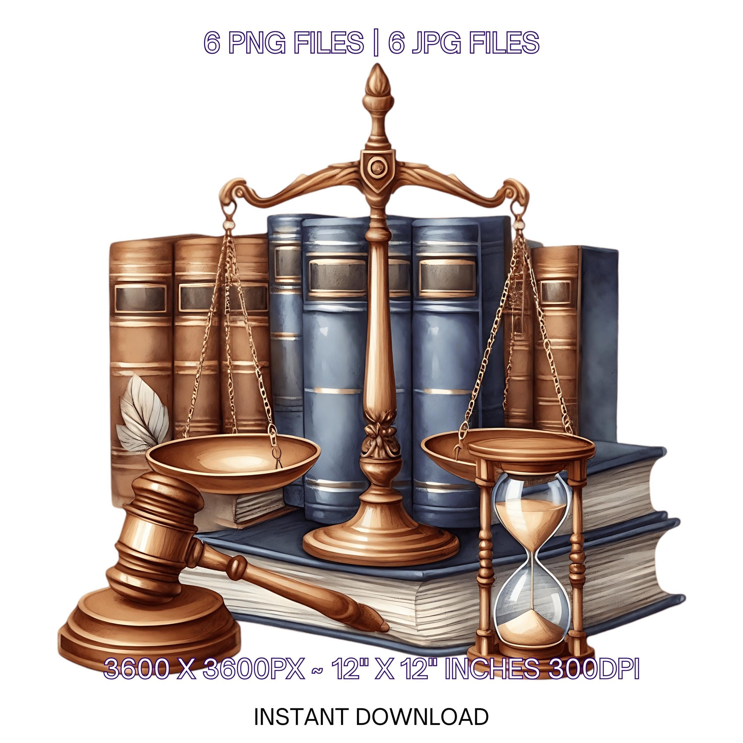 Lawyer Clipart with Lawyer’s Scale on a Stack of Lawyer’s Cards, Verdict Stick & Hourglass | Watercolor 6 PNG-JPG Sublimation Commercial Use – Instant Digital Download