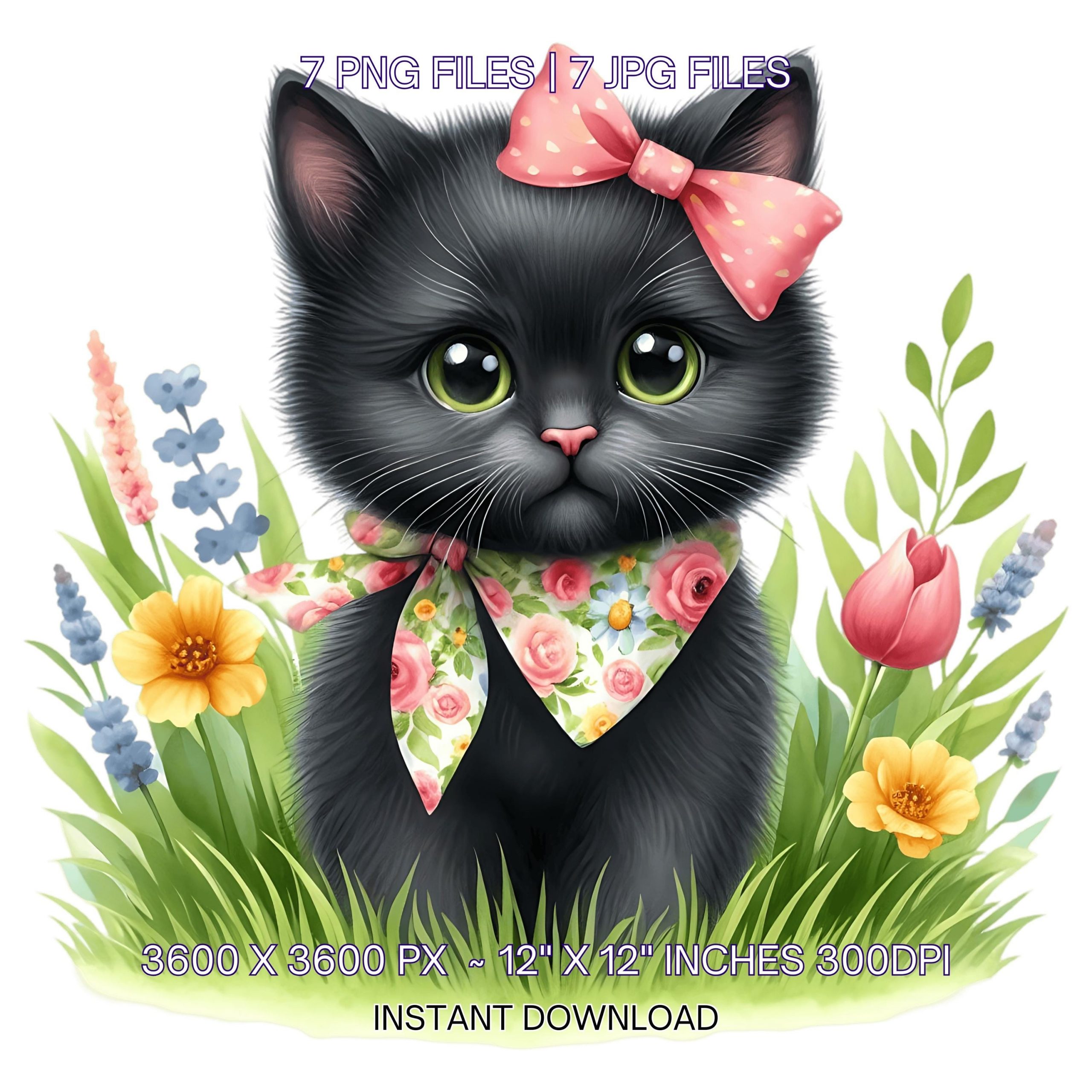 7 Spring Black Little Cat PNG Clipart, Watercolor Cat, Family Pet, Card Making, Scrapbooking, Junk Journaling, Sublimation, Commercial Use – Instant Digital Download