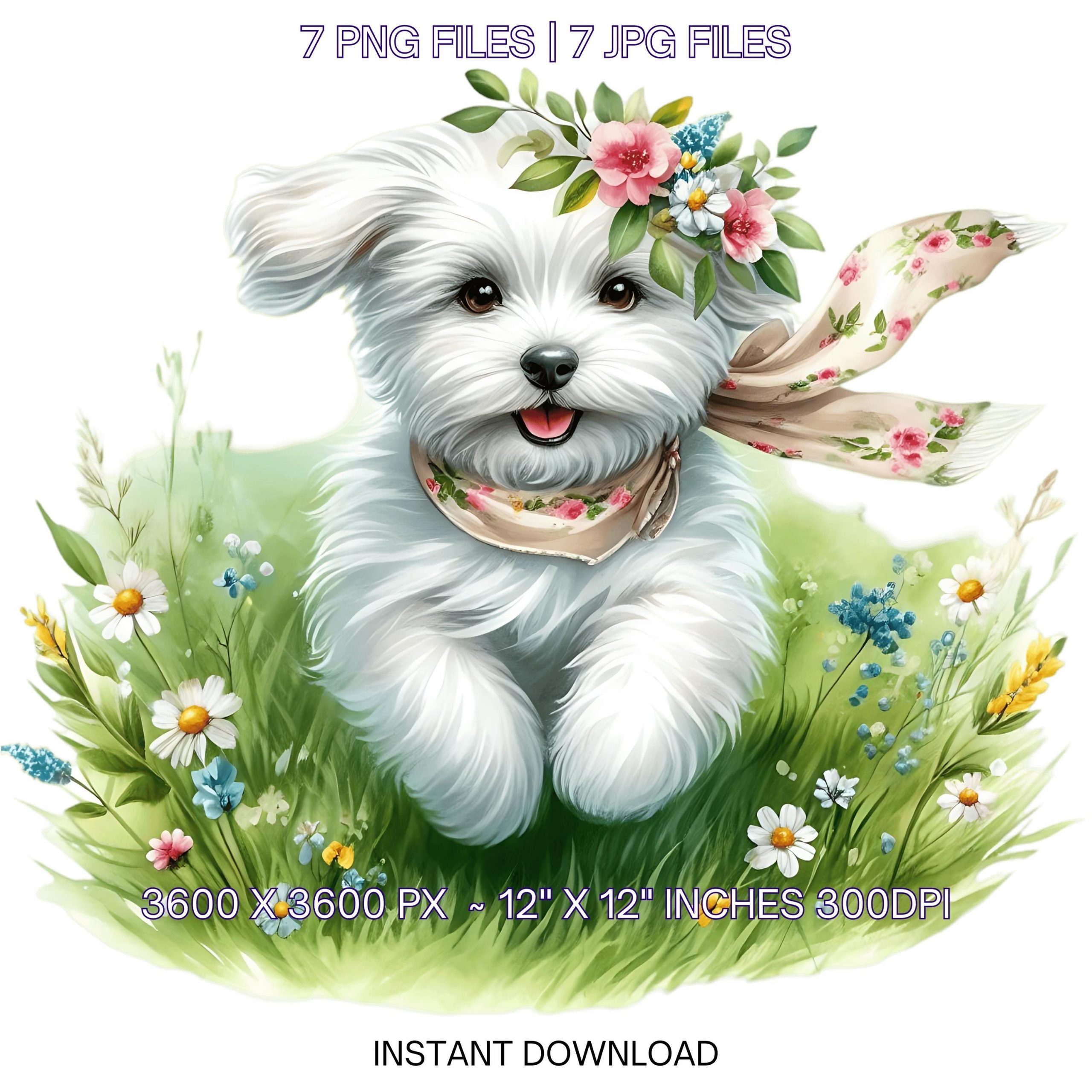 7 Spring White Doggy PNG Clipart, Watercolor Little Dog, Family Pet, Card Making, Scrapbooking, Junk Journaling, Sublimation Commercial Use – Instant Digital Download