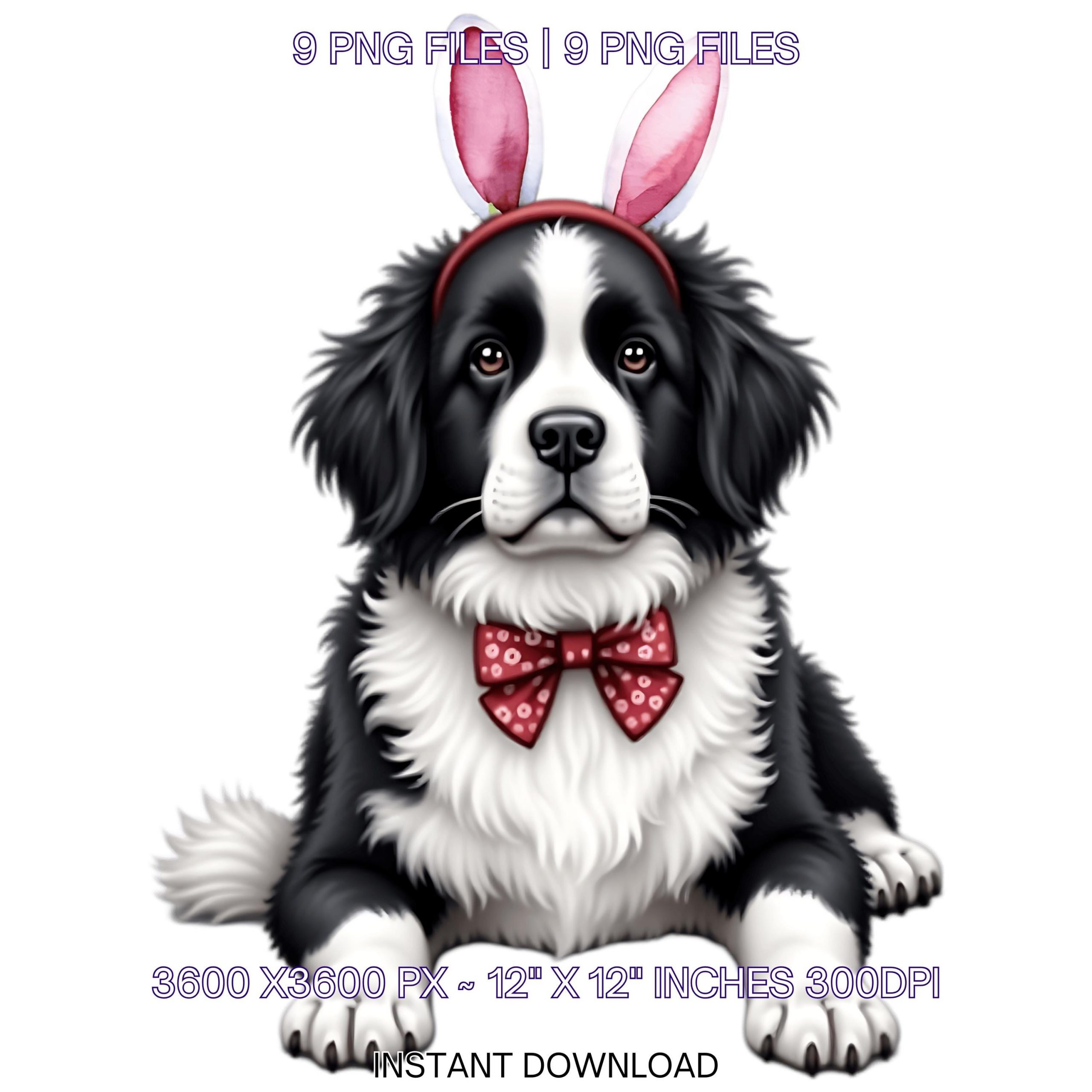 Black Newfoundland Landseer Dog Wearing Floral Bow & Bunny Ear Handband Ready for Easter Egg Hunting Clipart PNG, 9 Dog Lover Commercial Use – Instant Digital Download
