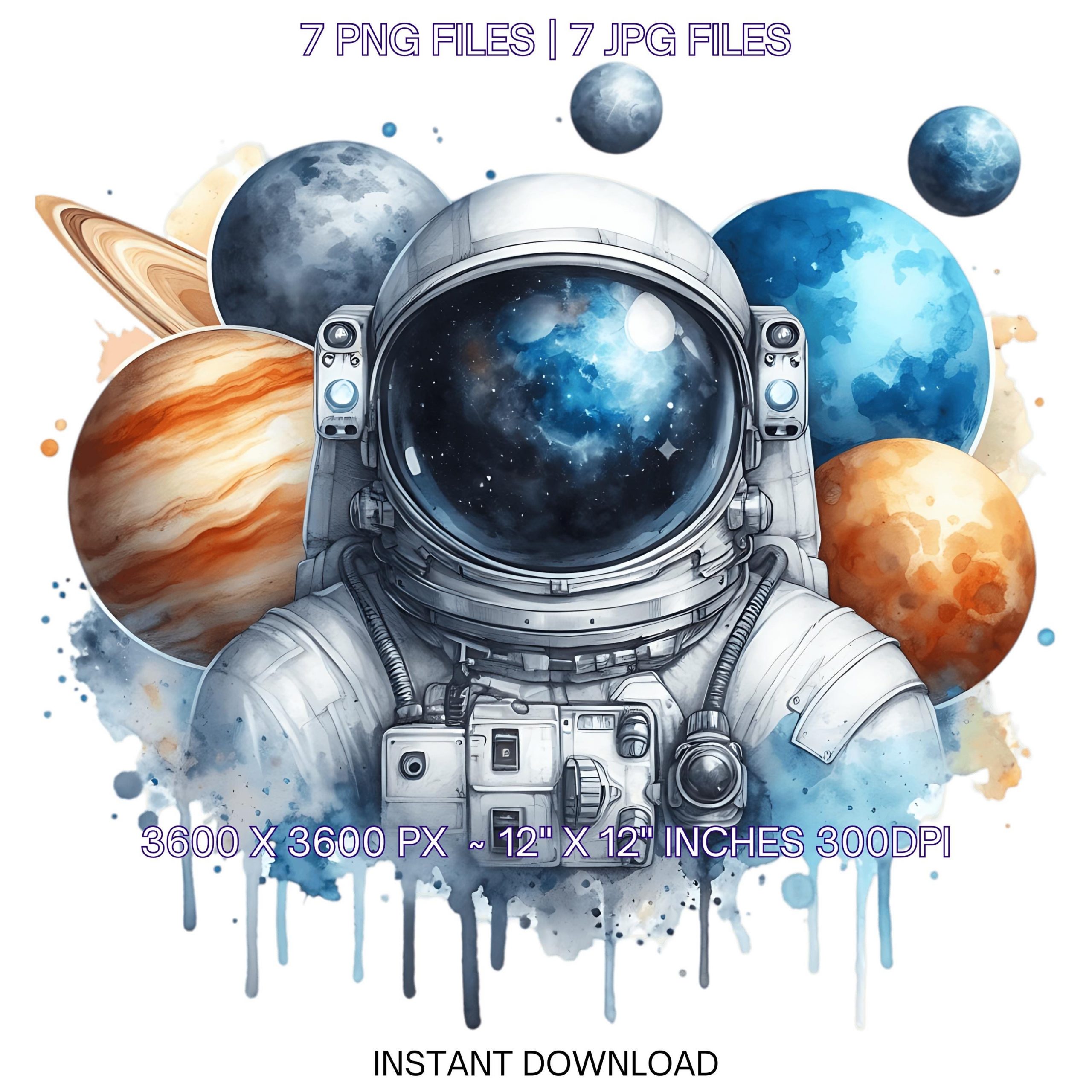 Astronaut PNG Clipart | Astronaut Profession | Watercolor Astronaut Job Illustration Clipart | 7 JPG – 7 PNG Sublimation Commercial Use – Instant Digital Download