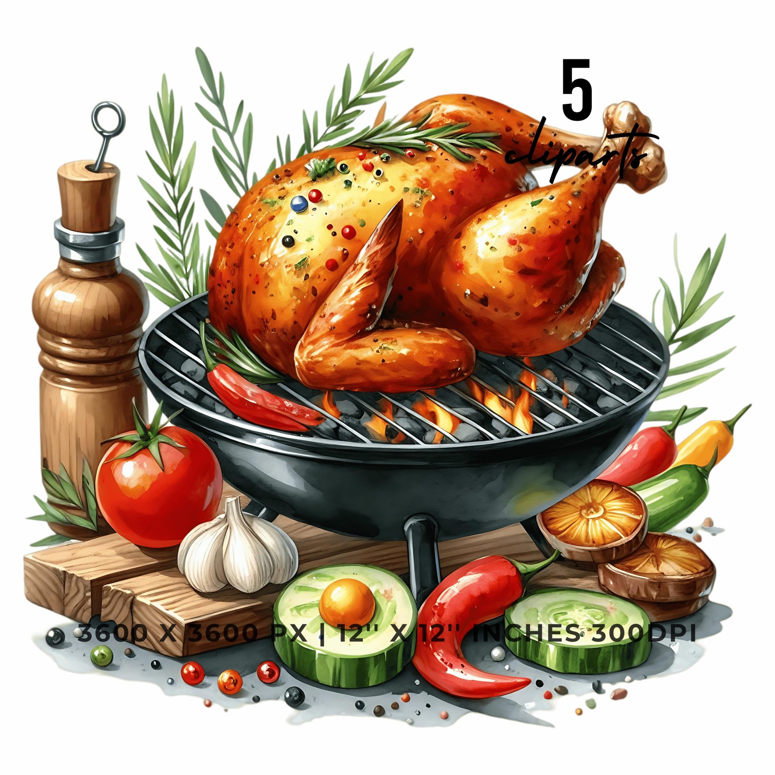 5 BBQ Chicken Clipart | Watercolor Fast Food Clipart | Backyard Party | American Culture PNGs JPGs Bundle Digital Download Commercial Use – Instant Digital Download