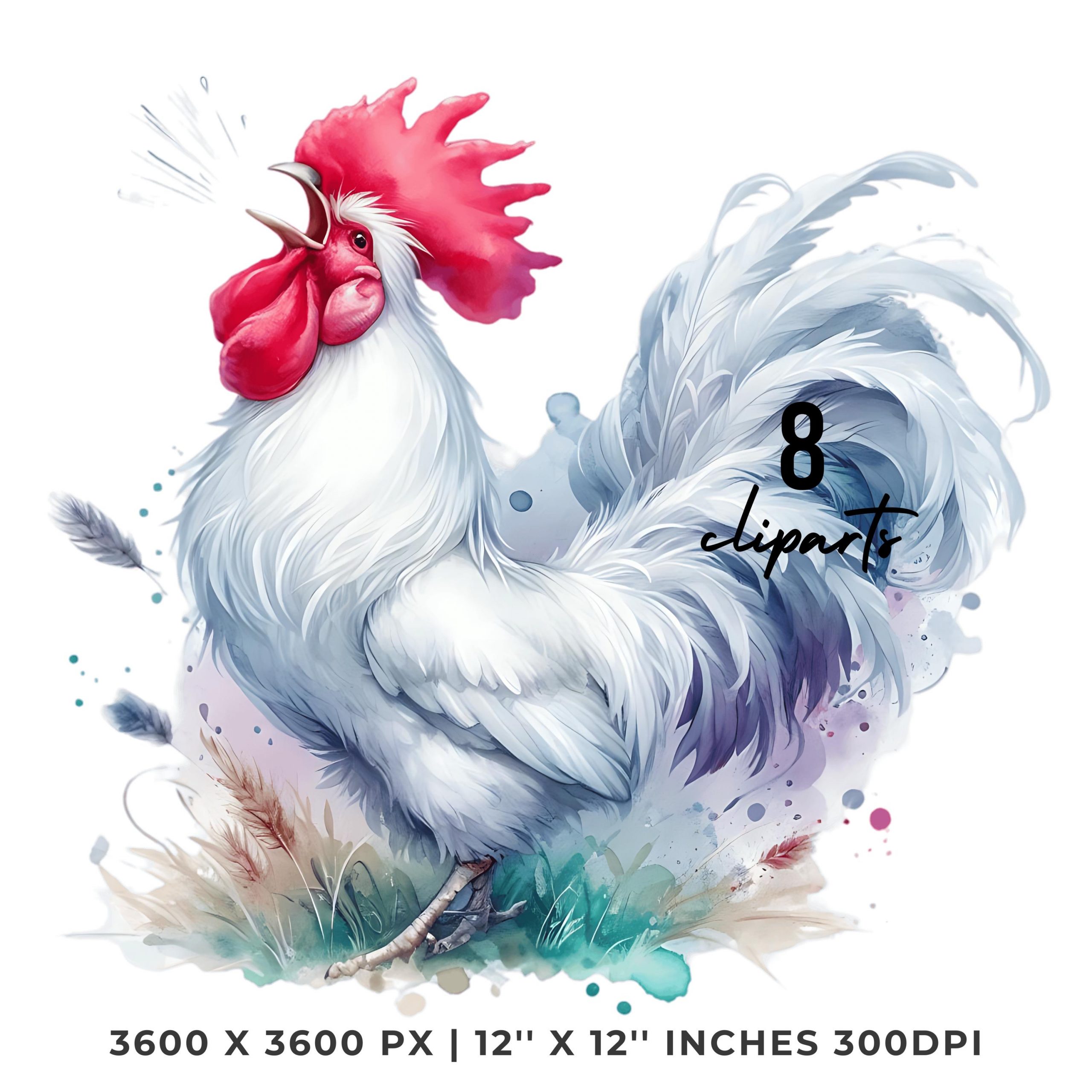 8 Rooster Crowing Clipart | Chicken PNG | White Crowing Rooster Sublimation | Watercolor Chick PNG | Farm Life Sublimation | Commercial Use – Instant Digital Download