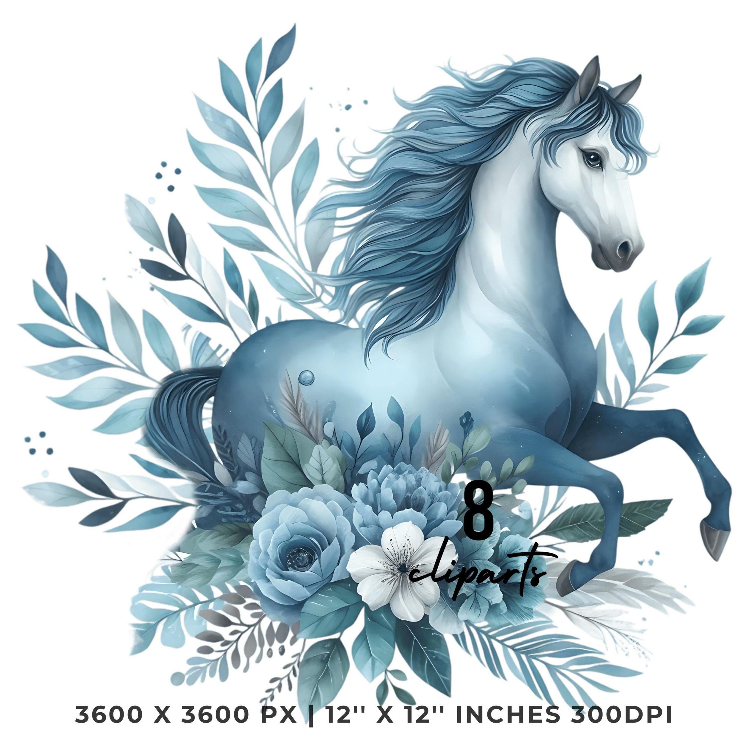 8 Blue Horse Clipart, Watercolor Farm Equine Animals for Card Making, Scrapbooking PNG, Junk Journaling, Sublimation Commercial Use – Instant Digital Download