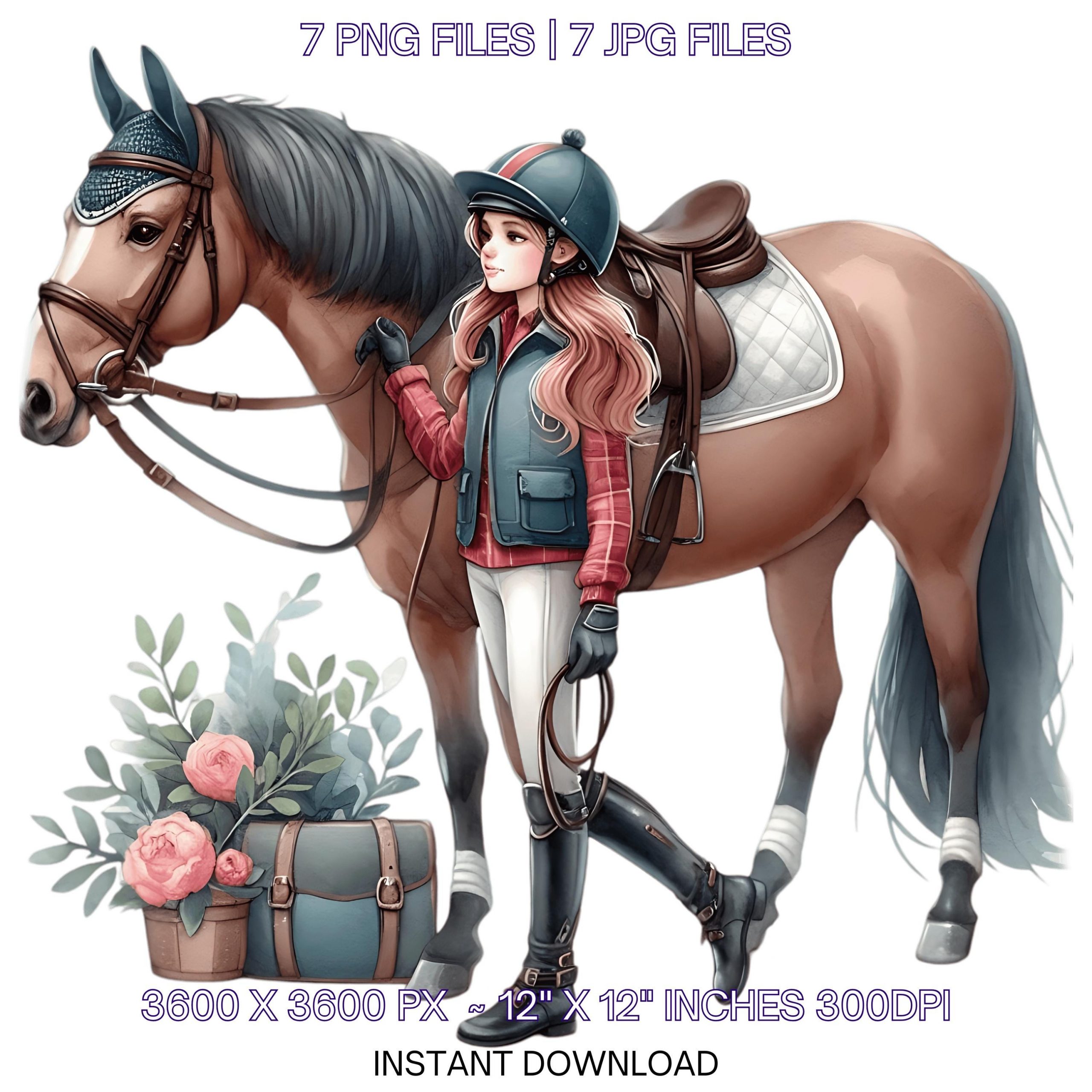 Jockey Girl & Horse Clipart PNG | 7 Watercolor Equestrian Sport Female Jockey | Sublimation Illustration Design | Commercial use – Instant Digital Download