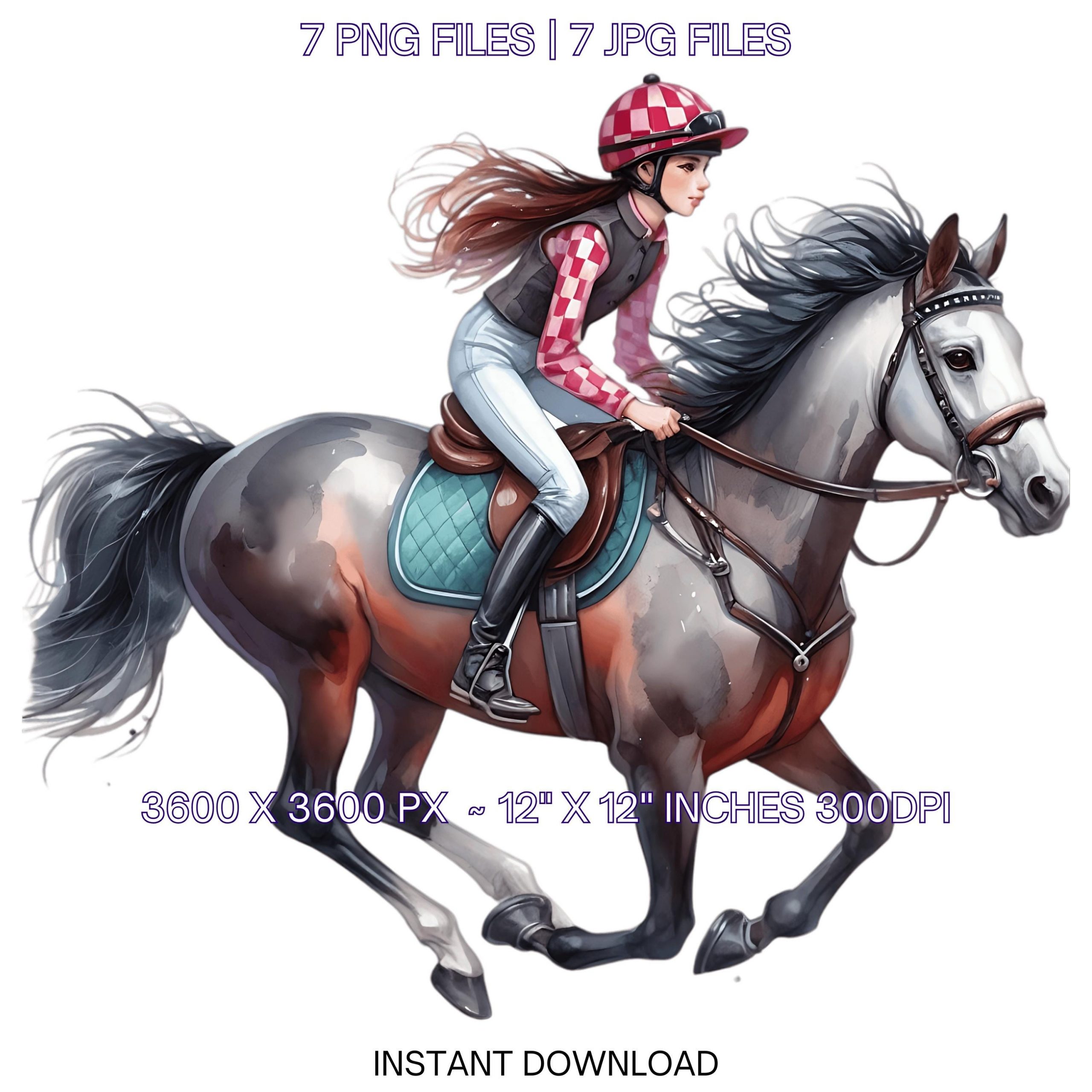Jockey Girl Horseback Riding Clipart PNG | 7 Watercolor Equestrian Sport Female Jockey | Sublimation Illustration Design | Commercial use – Instant Digital Download
