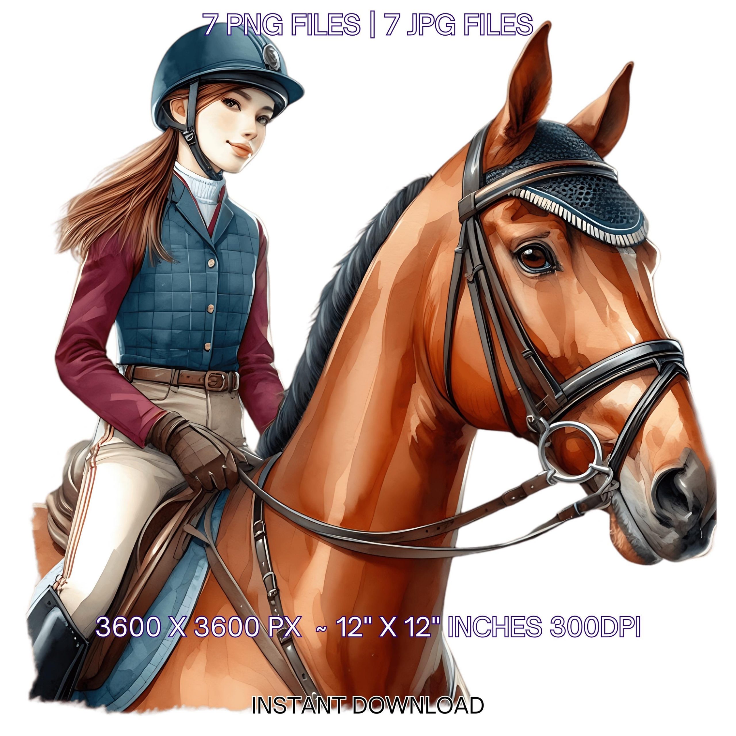 Watercolor Jockey Girl Horseback Riding Clipart PNG | 7 Equestrian Sport Female Jockey | Sublimation Illustration Design | Commercial use – Instant Digital Download