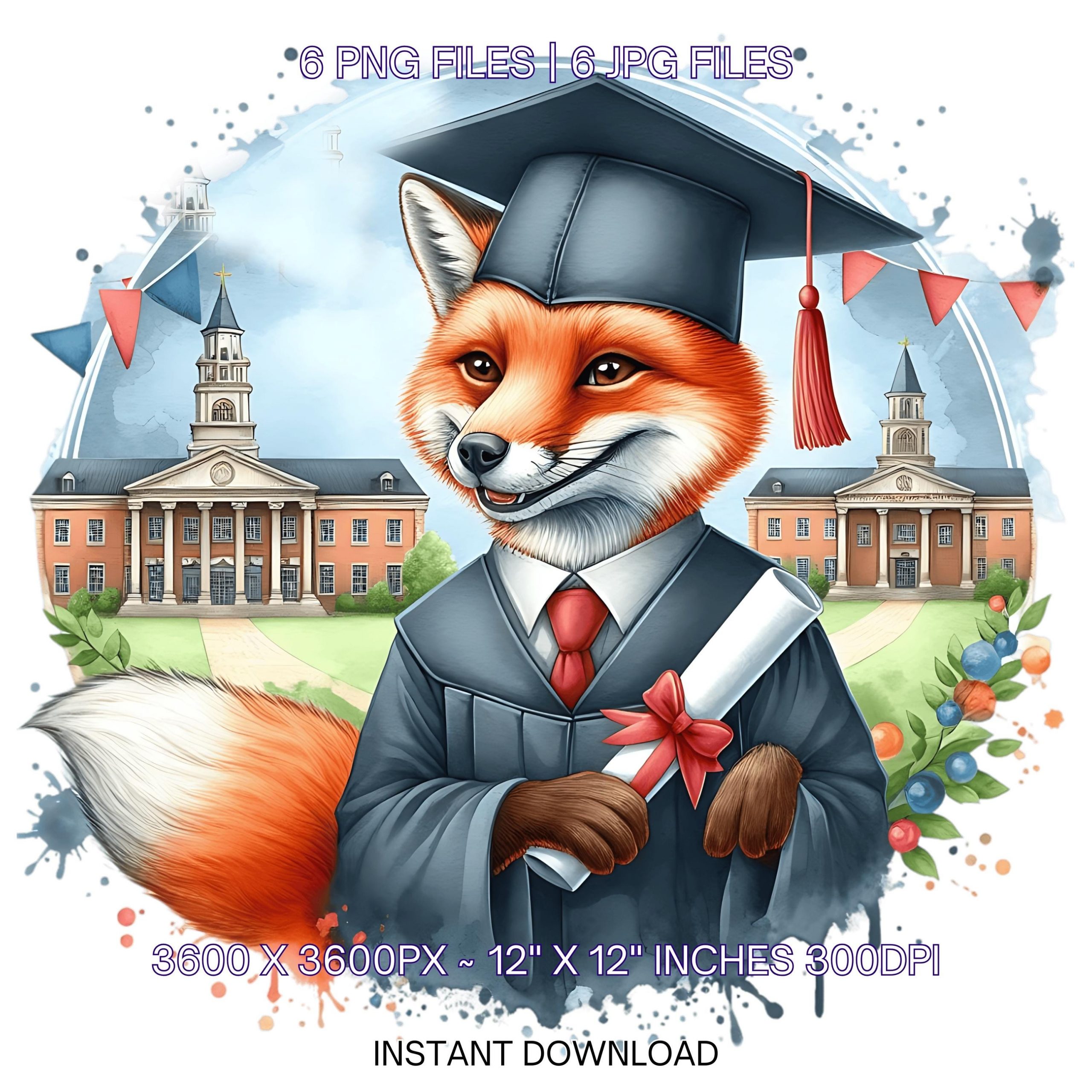 Graduation Fox Clipart Grad Student | Fox wearing Cap holding a Diploma PNG | College Graduate Sublimation | Commercial Use – Instant Digital Download