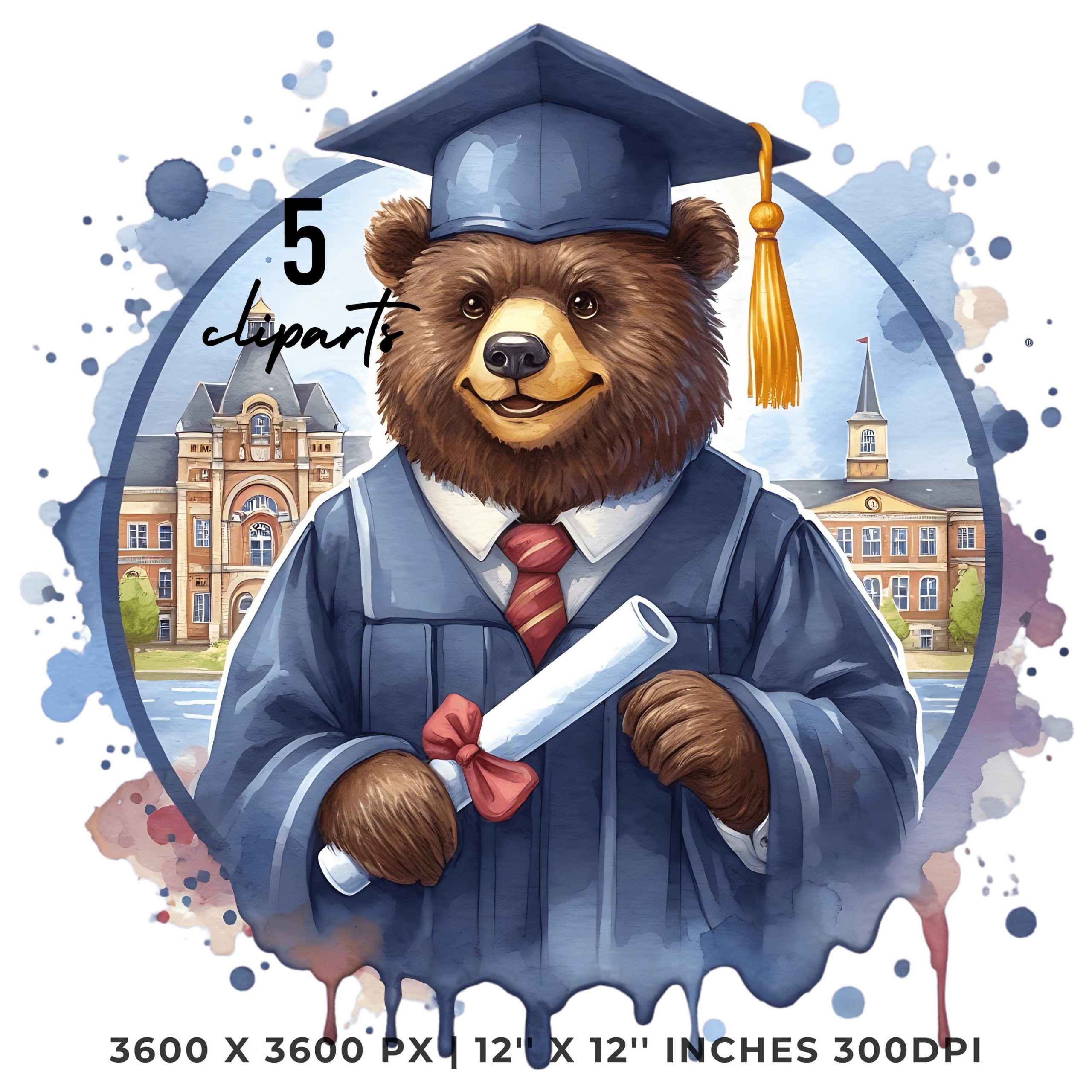 Graduation Bear Clipart Grad Student | 5 Bear wearing Cap holding a Diploma PNG | College Graduate Sublimation | Commercial Use – Instant Digital Download