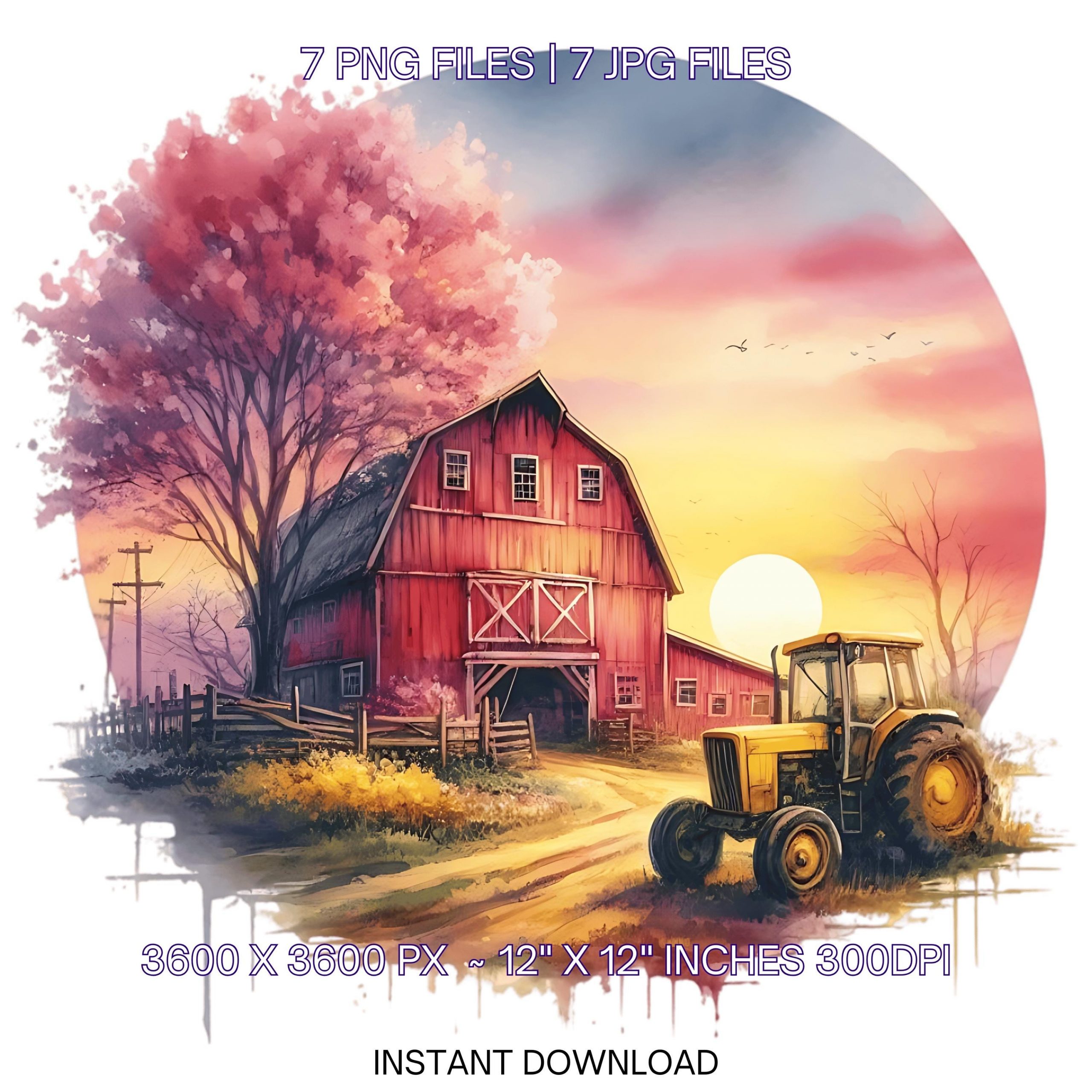 Farm Clipart with Barn, Tractor & Flowering Trees | Watercolor Spring Farmyard Clip Art PNG | 7 PNG-JPG Sublimation Designs Commercial Use – Instant Digital Download