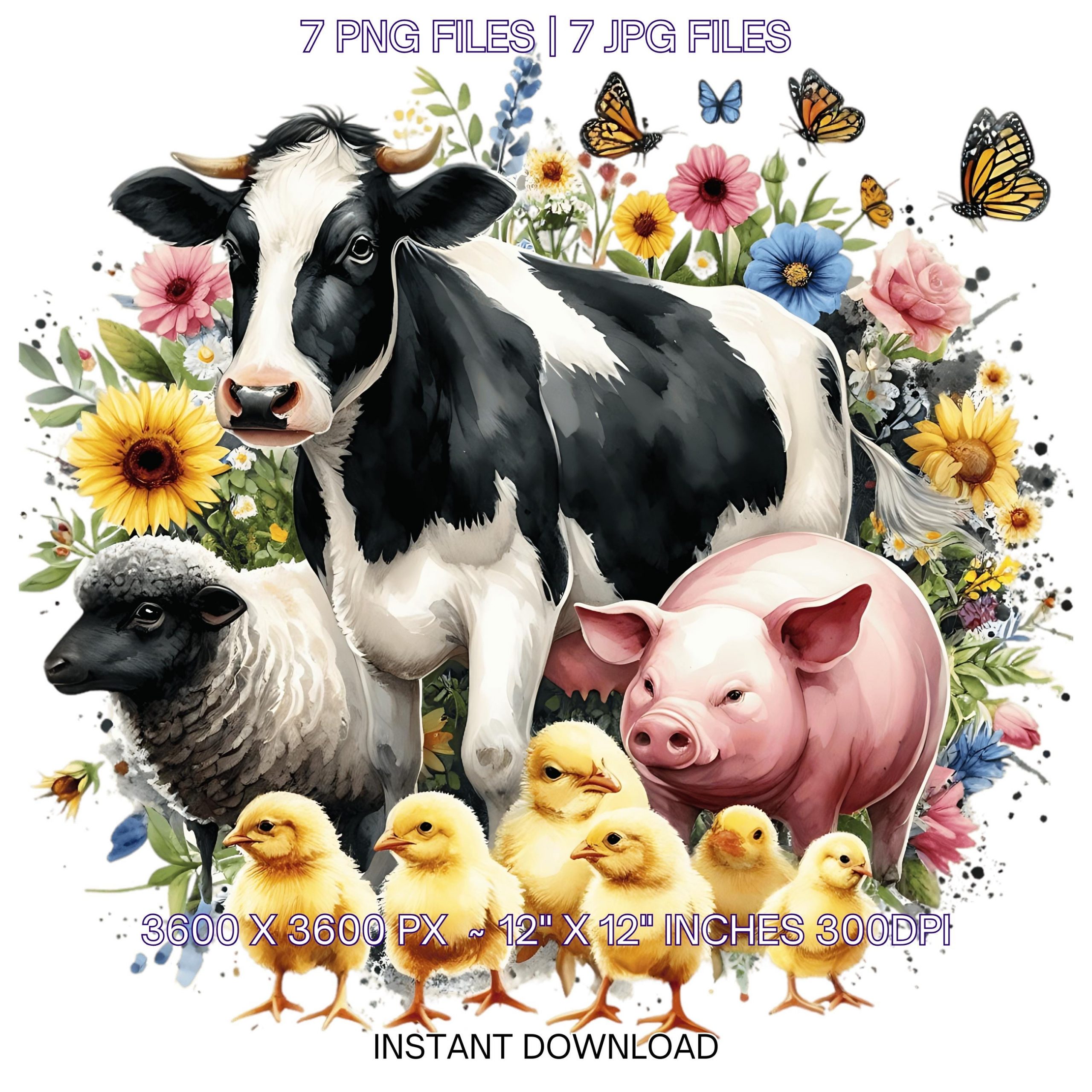 Spring Animal Farm Clipart | Black & White Cow, Pig, Sheep, Hen, Yellow Chick, Wildflowers, Butterflies, Bees, Farmyard 7 PNG-JPG Commercial – Instant Digital Download