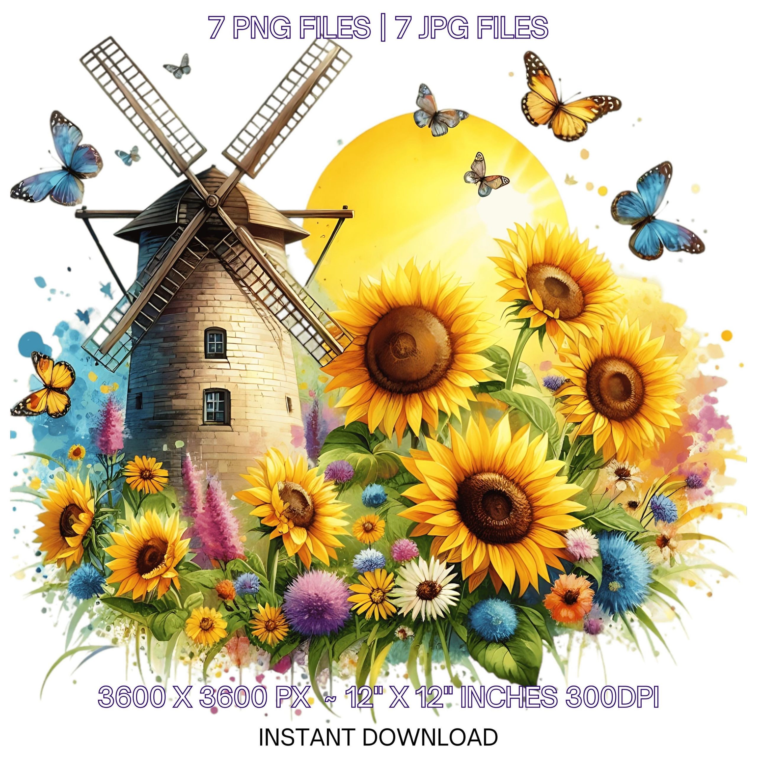 Spring Windmill Clipart with Bright Sunflower Field, Colorful Wildflowers, Butterflies & Bees  | Farmyard | Farm 7 PNG-JPG Commercial Use – Instant Digital Download