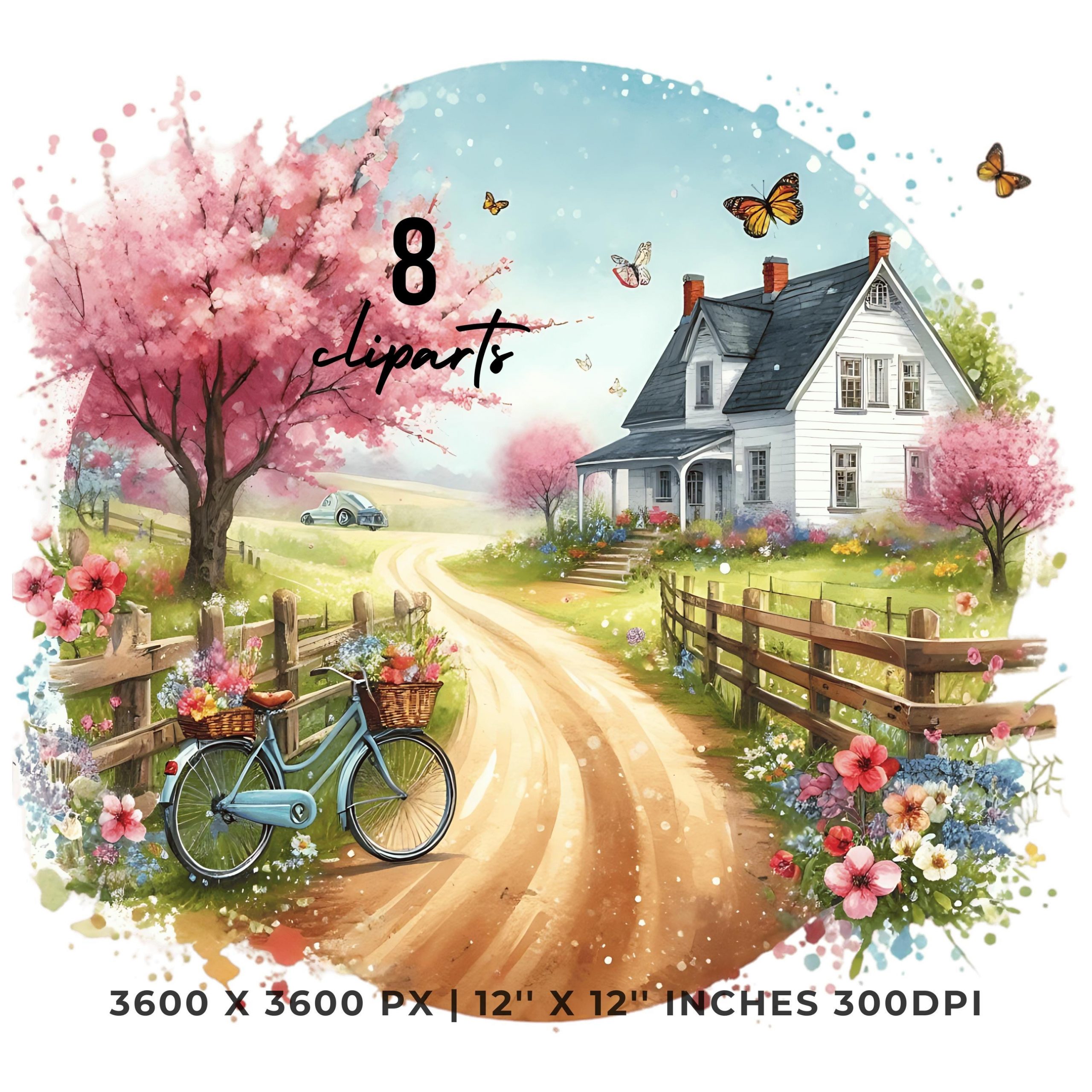 Spring Farm Clip Art with White American House with Bike on Path & Flowering Tree | Farmyard Clipart | 8 PNG-JPG Sublimation Commercial Use – Instant Digital Download