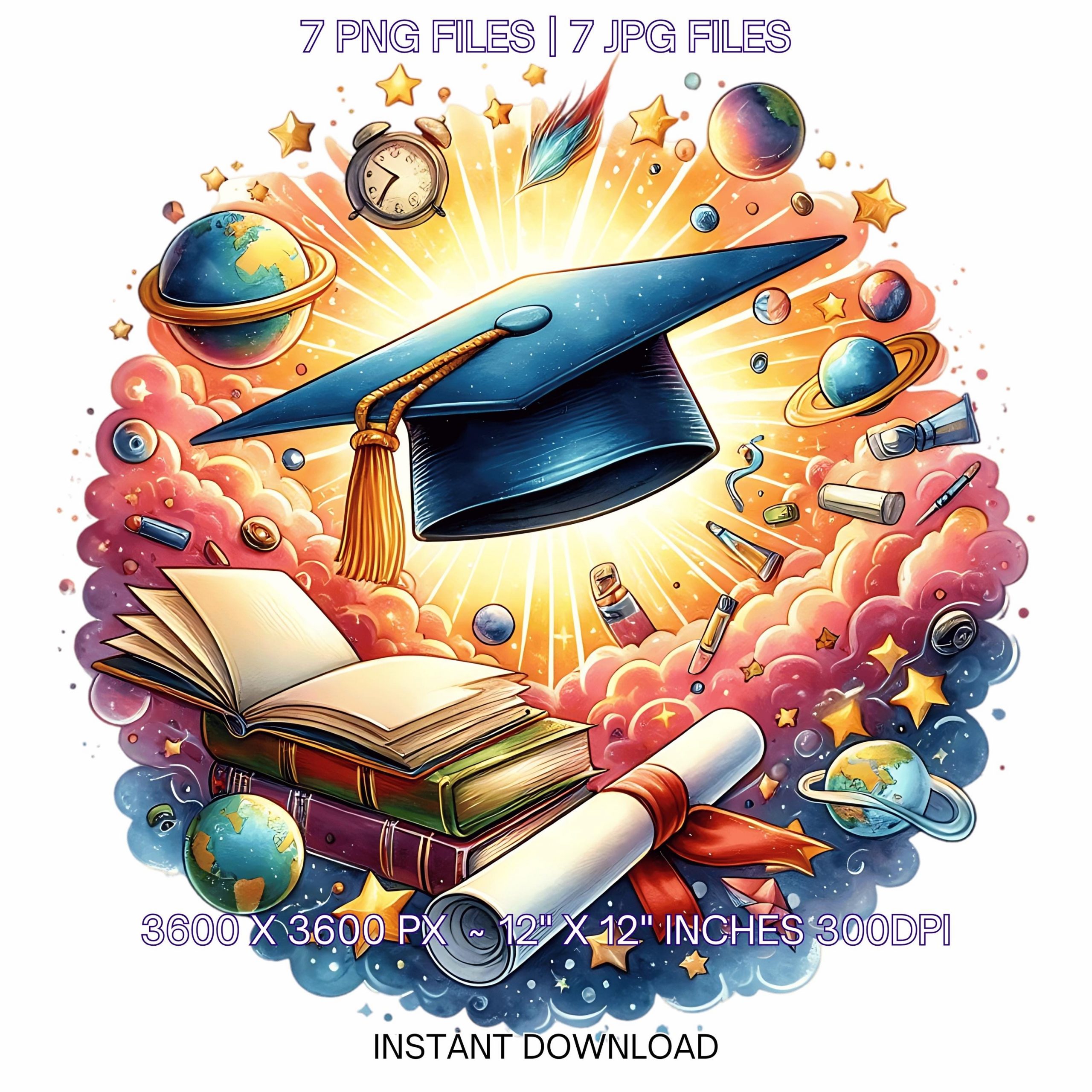Graduation Clipart with Cap, Books, Stars, Apple & Sun Around | Grad Student | College Graduate Sublimation 7 PNG-JPG Commercial Use – Instant Digital Download