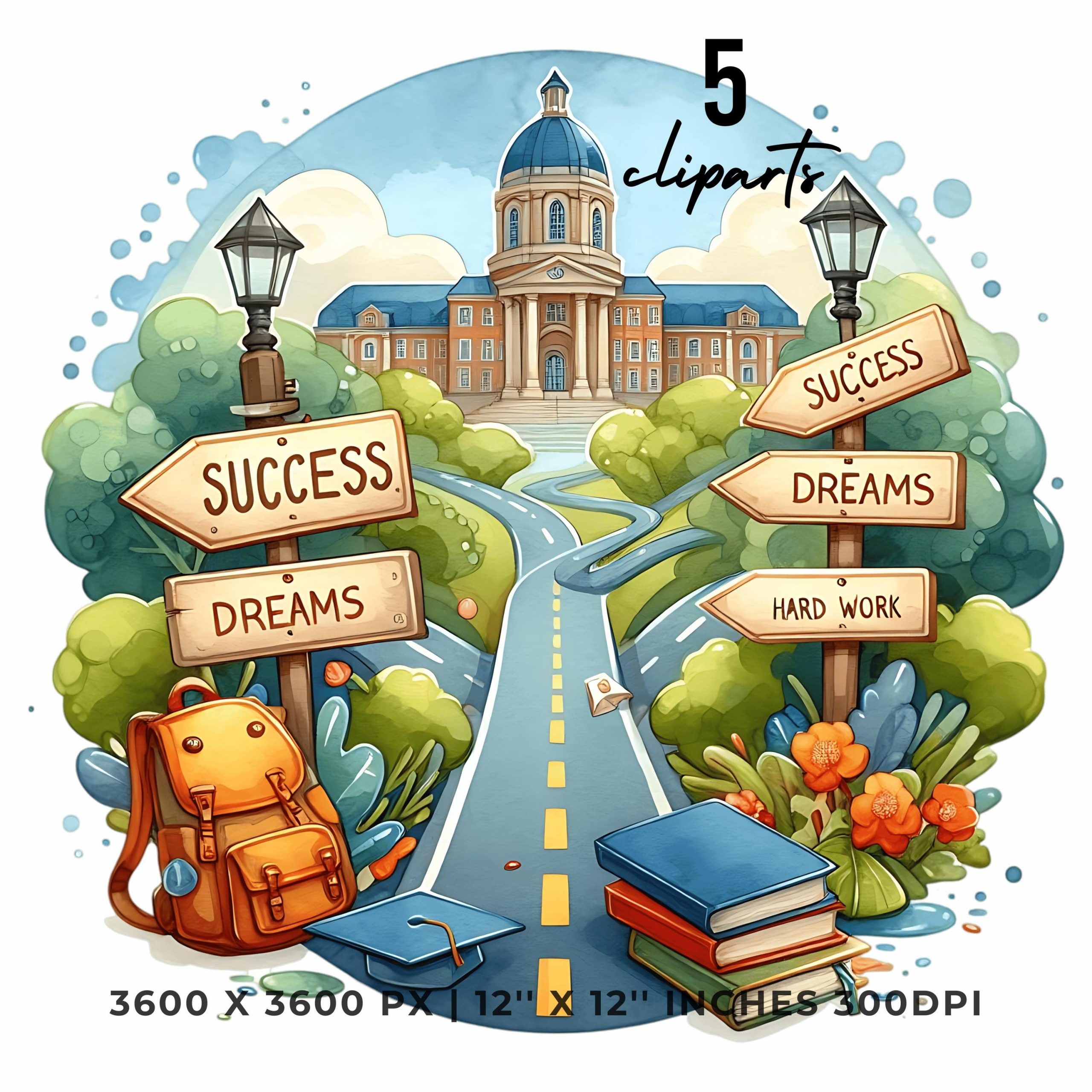 Graduation Clipart with winding road, university building, signposts labeled Success, Dreams & Hard Work | College Graduate 5 PNG-JPG – Instant Digital Download