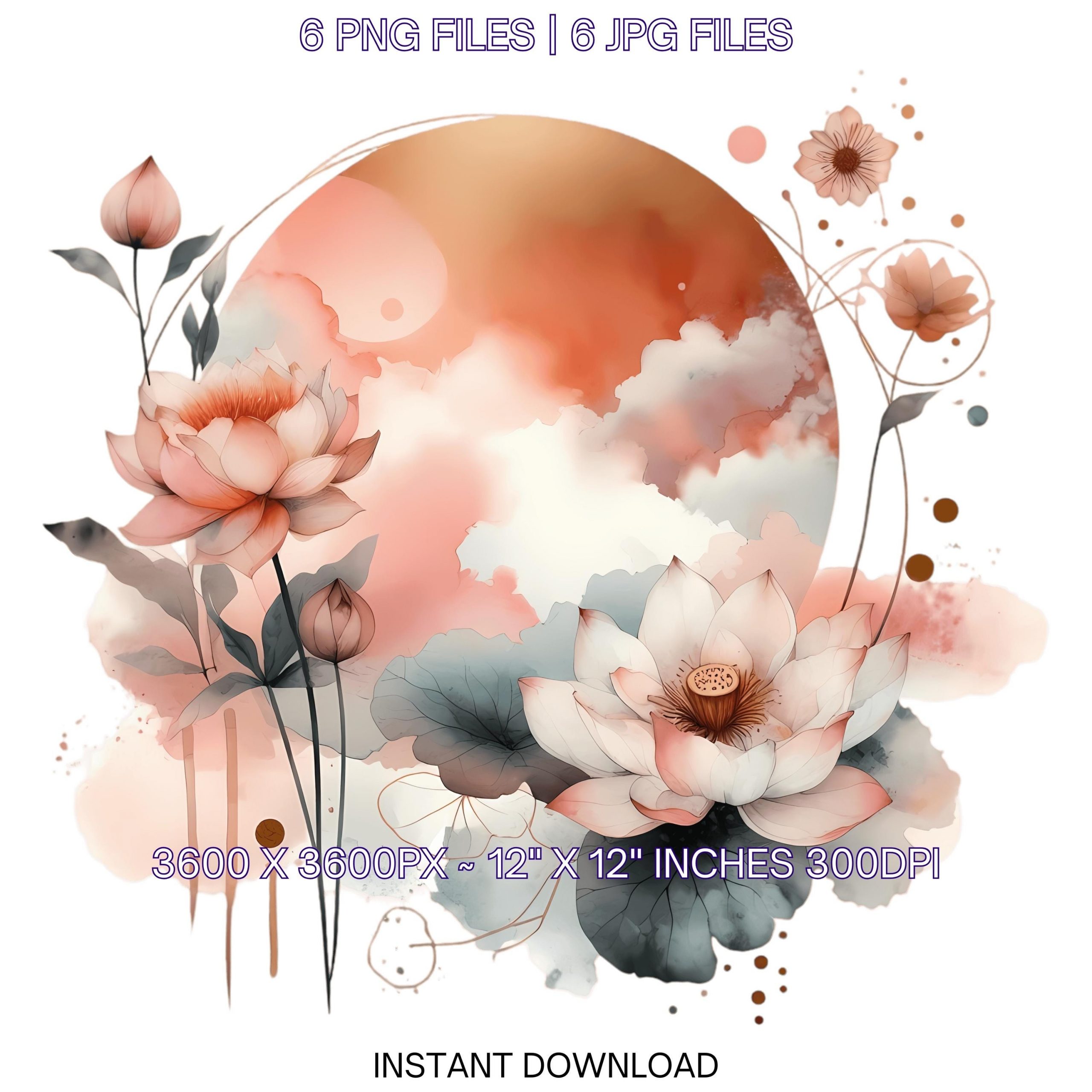 Lotus Flowers PNG Clipart | Floating Lotus Flowers | Watercolor Lotus Flowers Illustration Clipart | 6 JPG -6 PNG Sublimation Commercial Use – Instant Digital Download
