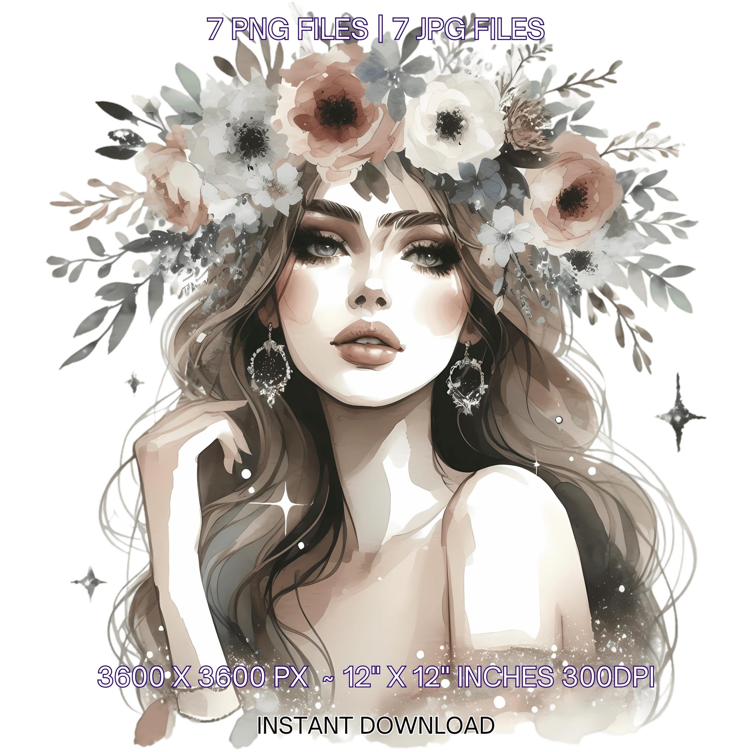 Stylized Fashion Portrait PNG Clipart | Stylized Fashion Portrait with Floral Crown | Watercolor 7 JPG – 7 PNG Sublimation Commercial Use – Instant Digital Download