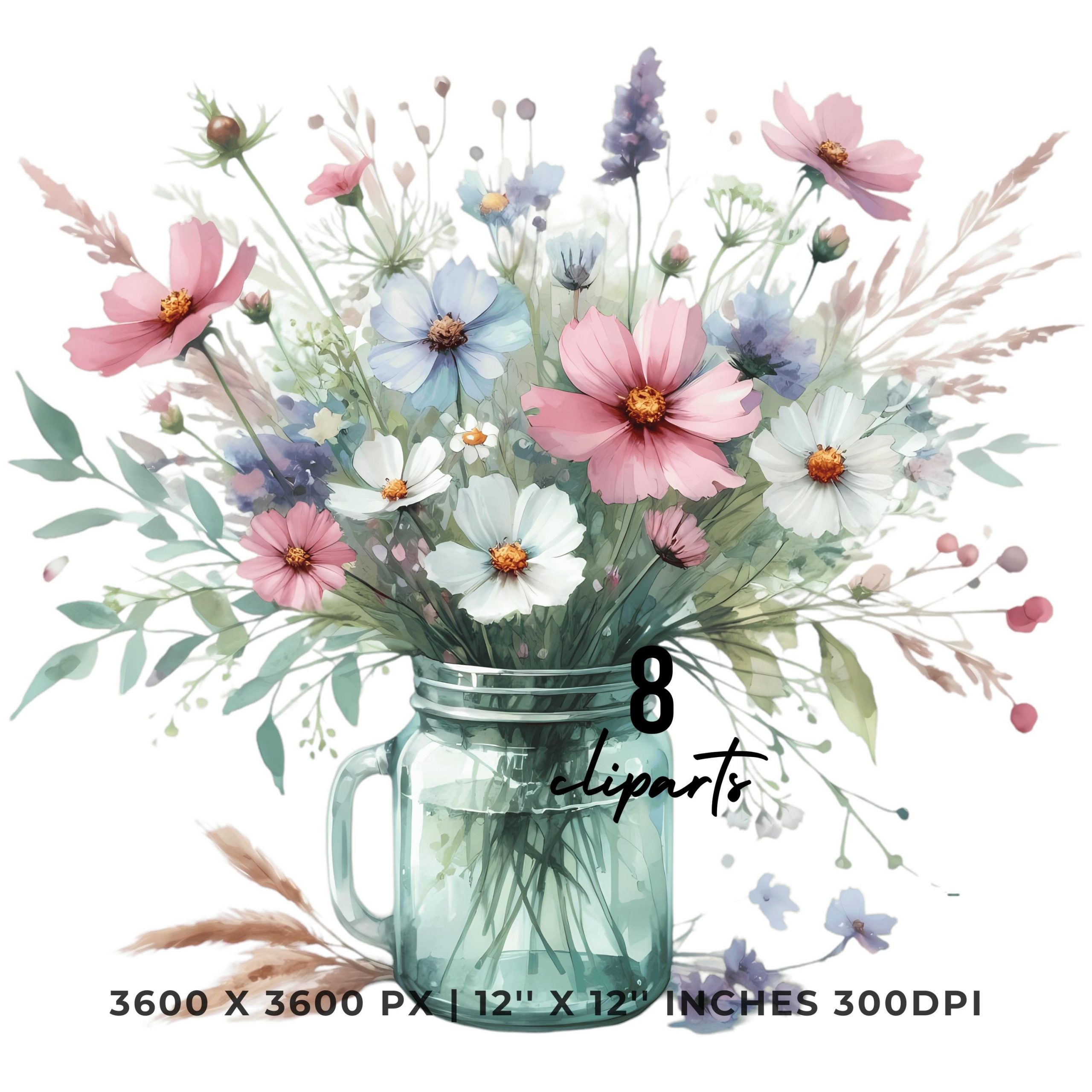 Wildflower Bouquet in Glass Jar PNG Clipart | Wildflower Bouquet in Glass Jar Watercolor Illustration 8JPG – 8PNG Sublimation Commercial Use – Instant Digital Download