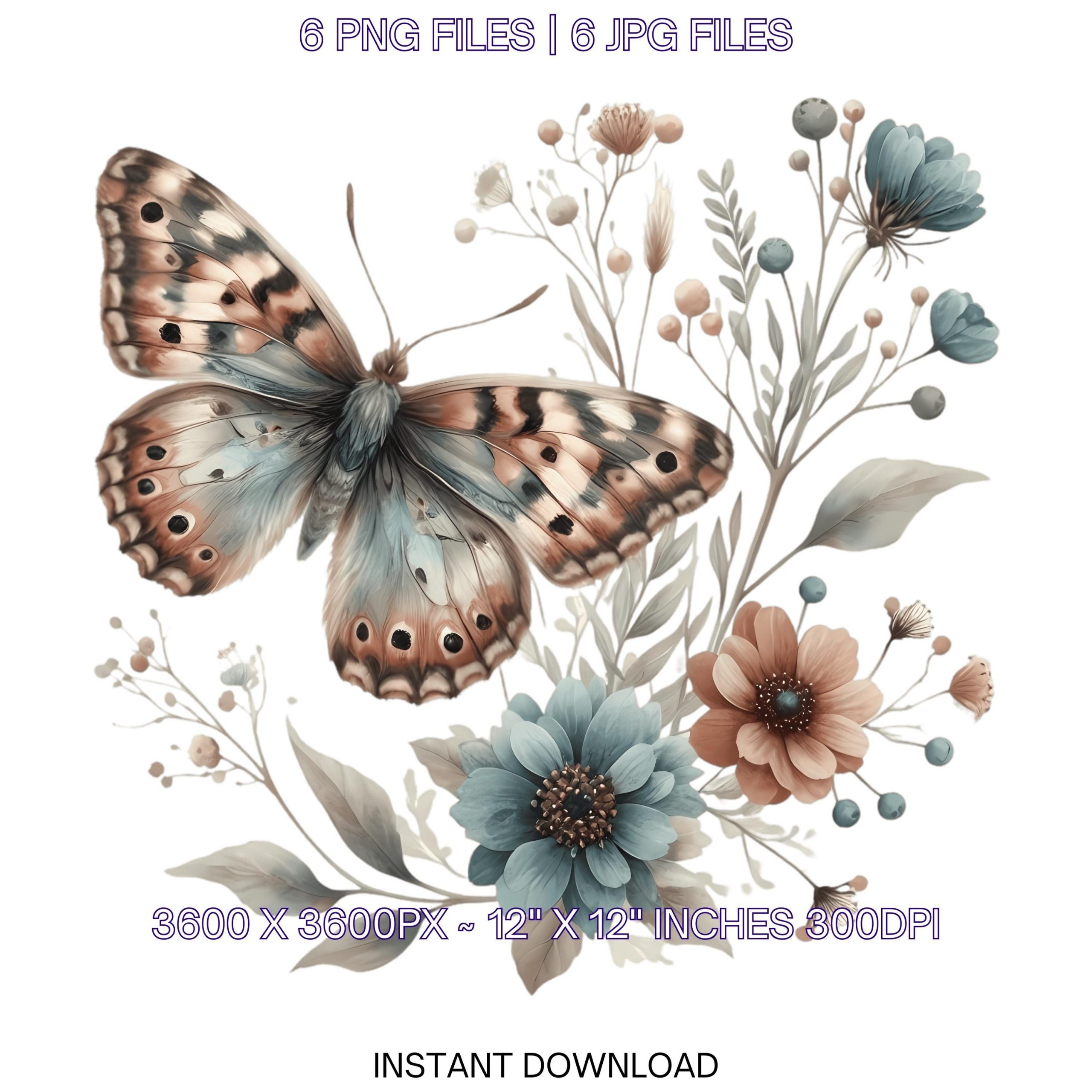 Vintage-style Butterfly PNG Clipart | Vintage Style Butterfly | Watercolor Butterfly Illustration | 6 JPG – 6 PNG Sublimation Commercial Use – Instant Digital Download