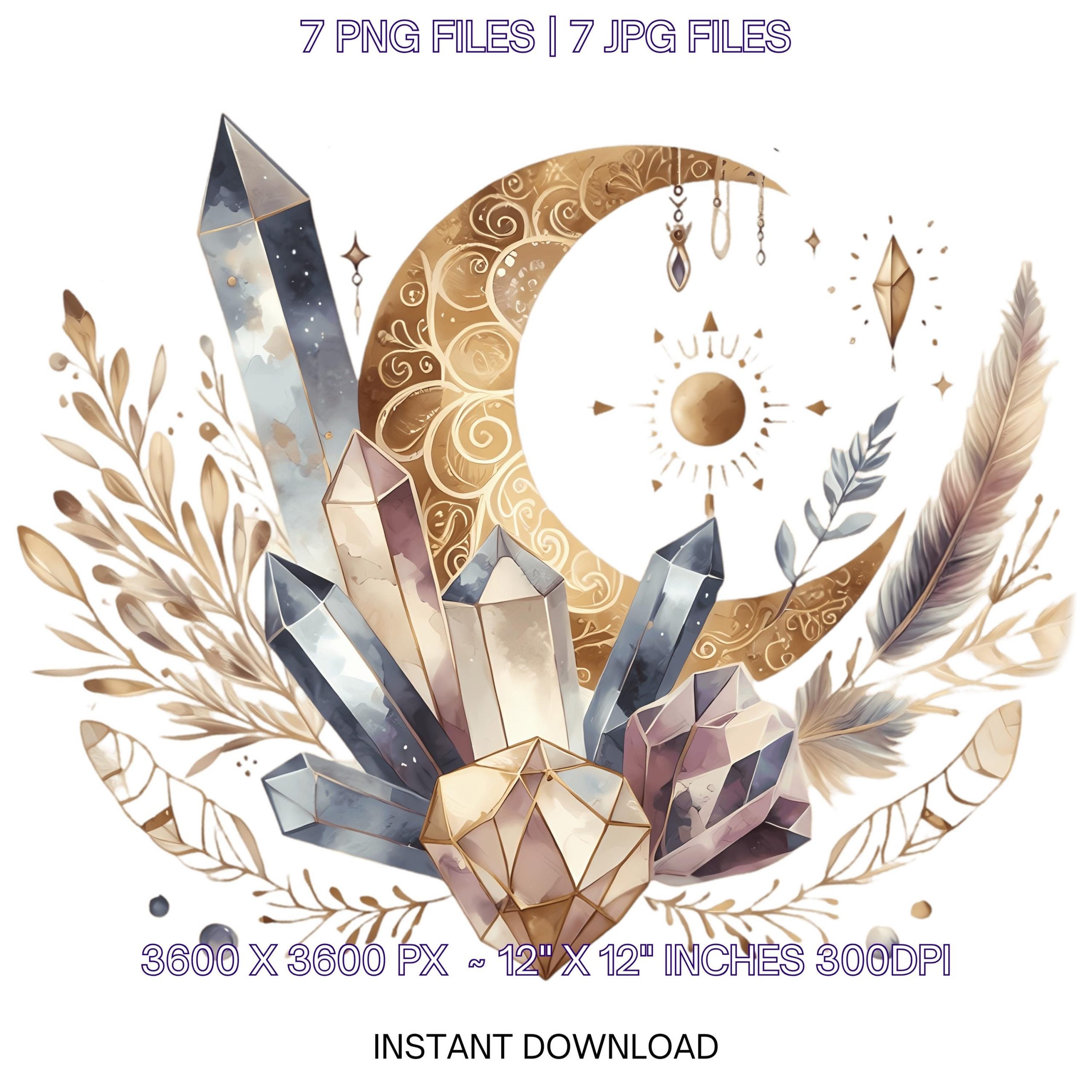 Boho Watercolor Crystals & Moon Phases PNG Clipart | Crystals and Moon | Watercolor Illustration | 7 JPG – 7 PNG Sublimation Commercial Use – Instant Digital Download