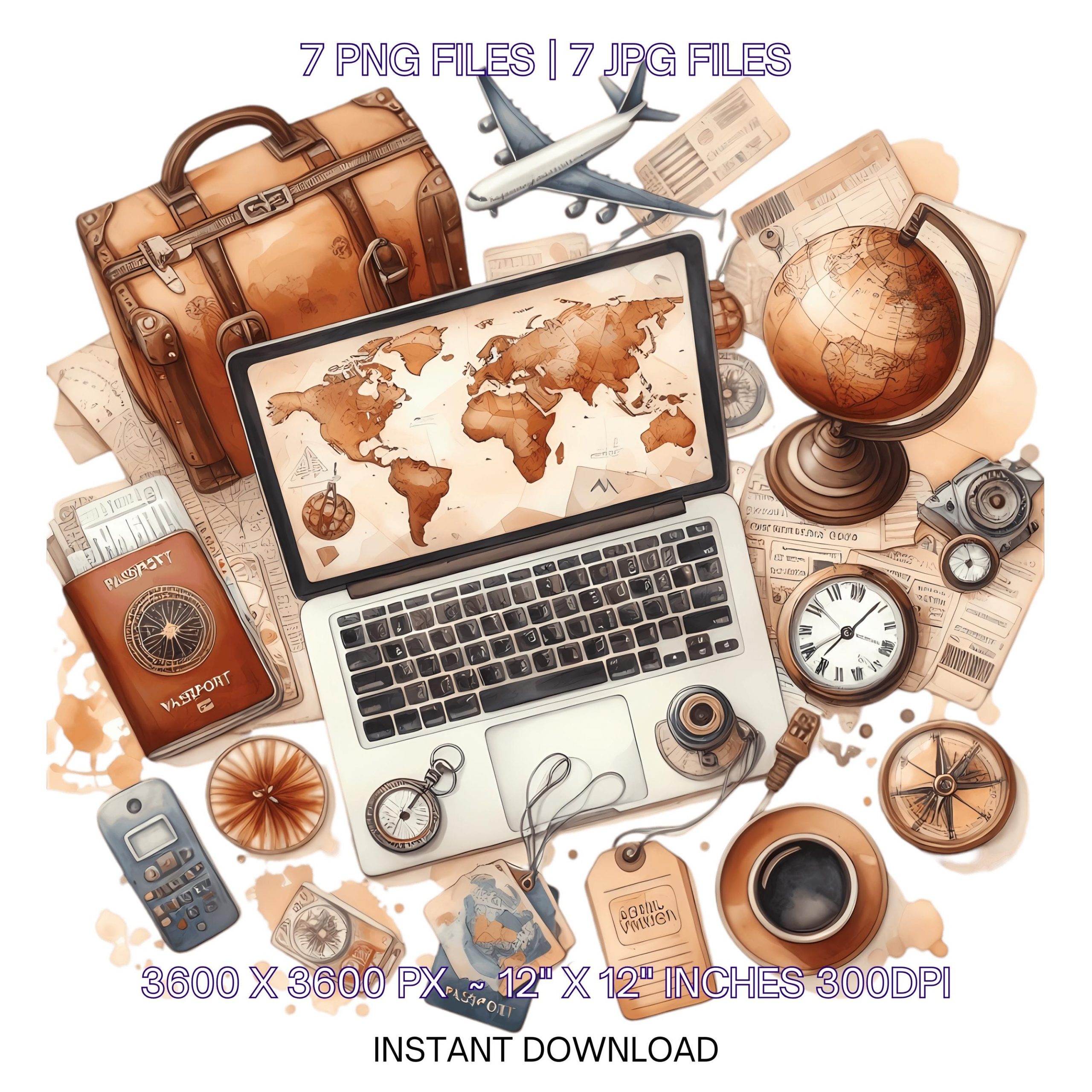 Vintage Travel Agent PNG Clipart | Travel Agent | Watercolor Travel Agent | Watercolor Illustration 7 PNG – 7 JPG Sublimation Commercial Use – Instant Digital Download