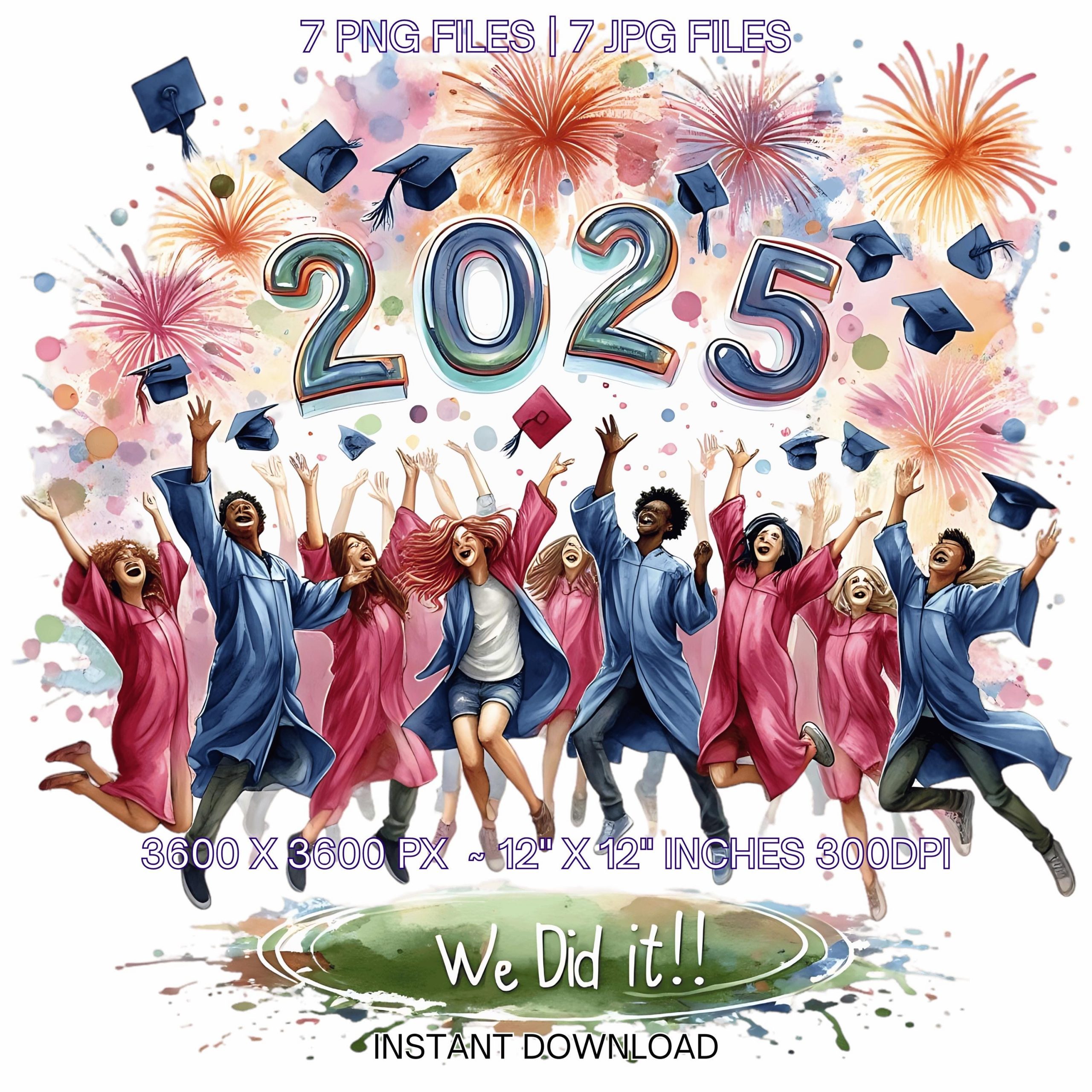 We Did It! 2025 | Graduates Group jumping, tossing caps, with confetti & fireworks | Grad Student Graduate | 7 PNG-JPG | Commercial Use – Instant Digital Download