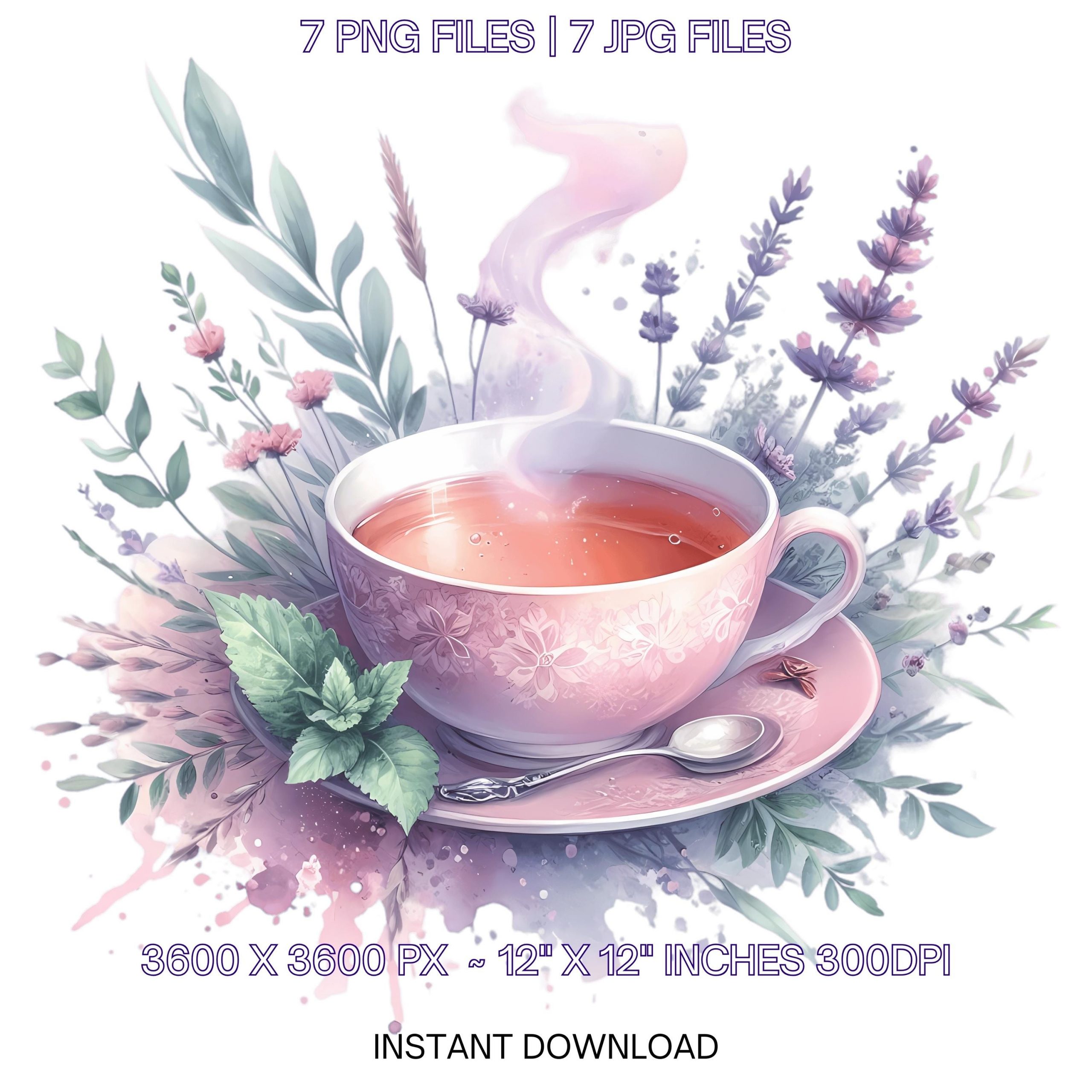 Tea cup PNG Clipart | Watercolor Tea cup steaming with peaceful herbs | Watercolor Illustration | 7 JPG – 7 PNG Sublimation Commercial Use – Instant Digital Download