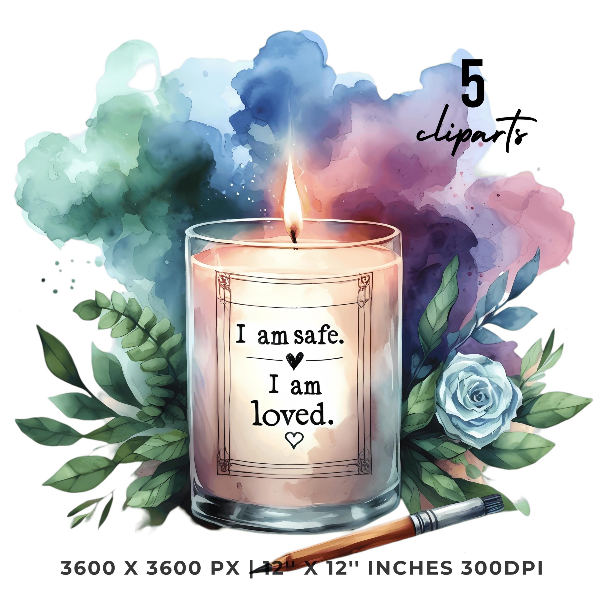 Candle with Healing Affirmations PNG Clipart | Watercolor Candle with Healing Affirmations | 6 JPG – 6 PNG Sublimation Commercial Use – Instant Digital Download