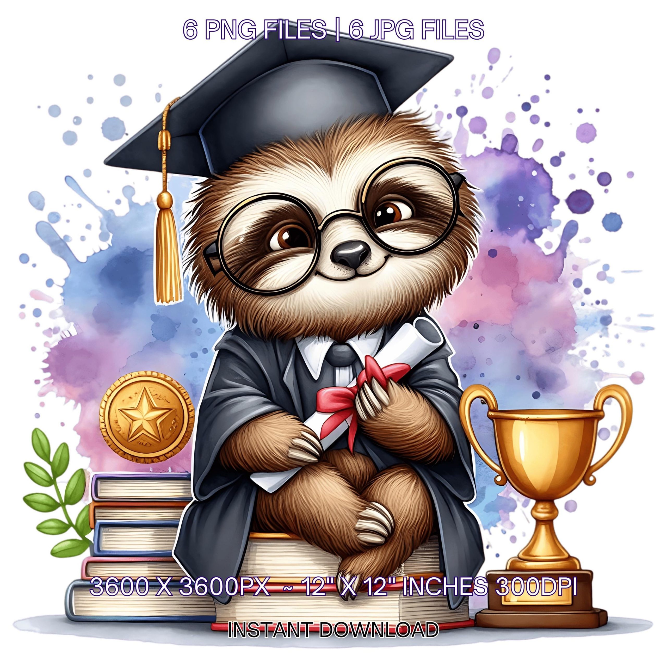 Kindergarten Sloth wearing Cap holding a Diploma PNG | Graduation Kindergarten Sloth Clipart Grad Student Graduate, 6 JPG-PNG Commercial Use – Instant Digital Download