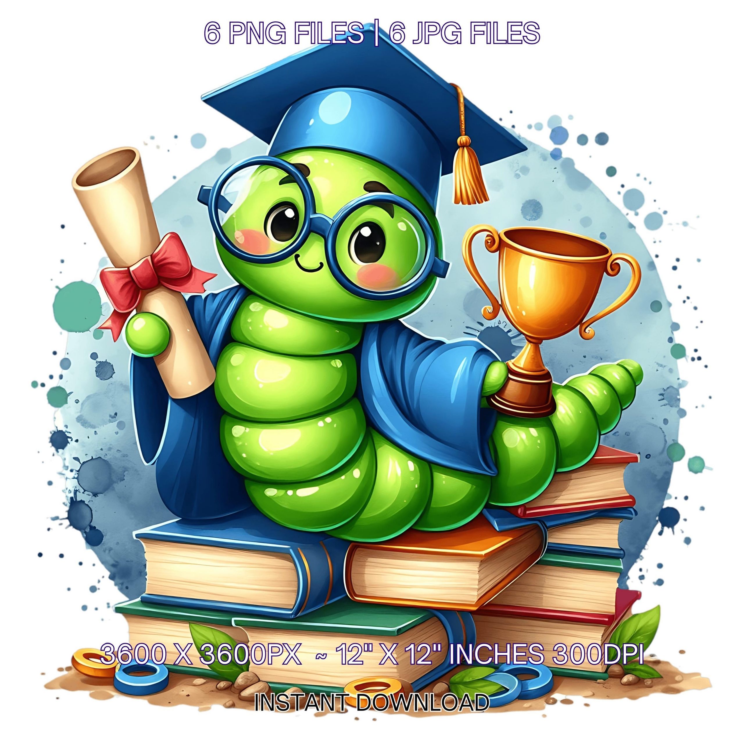 Kindergarten Worm wearing Cap holding a Diploma PNG | Graduation Green Worm Clipart | Grad Student | Graduate Kid | 6 JPG-PNG Commercial Use – Instant Digital Download