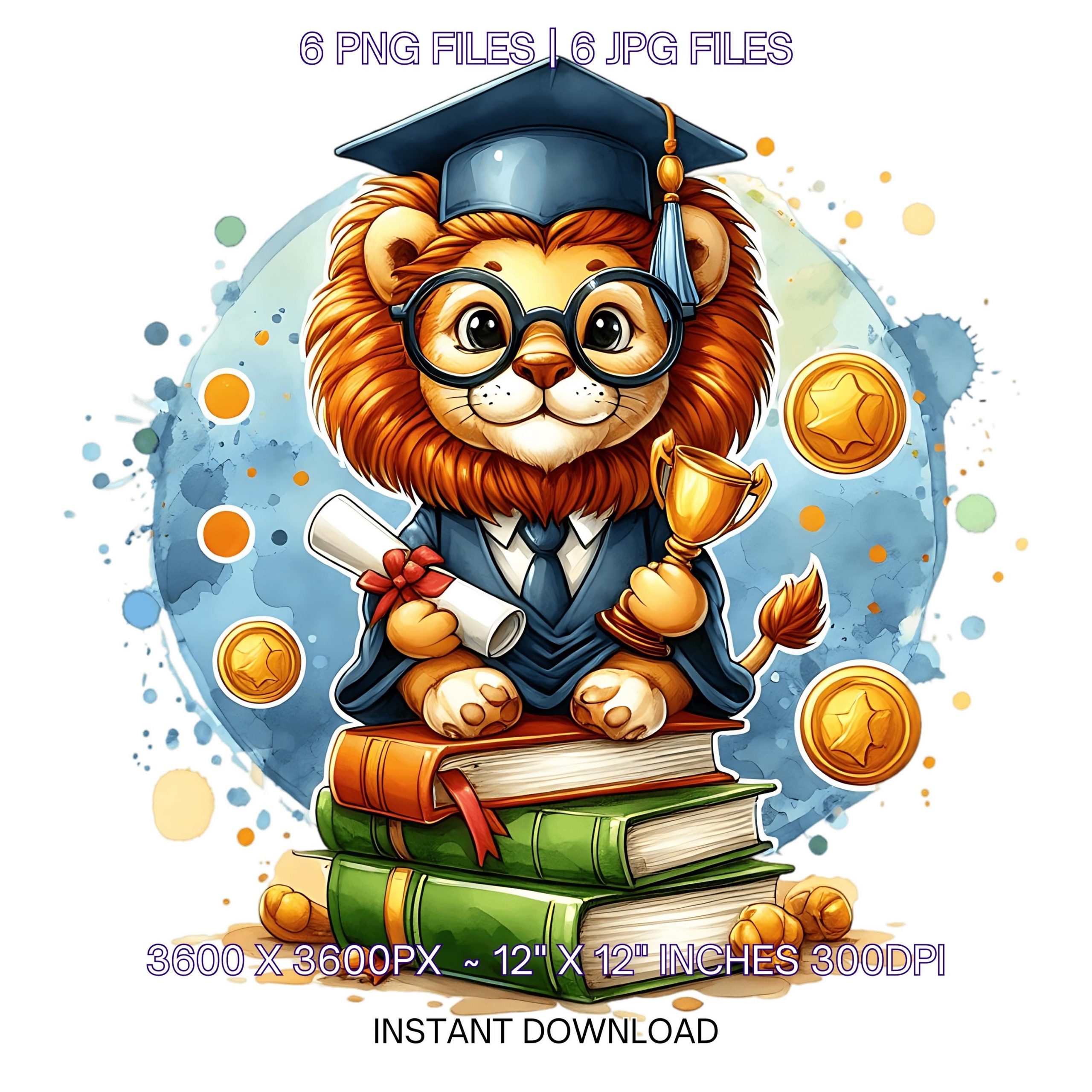 Kindergarten Lion wearing Cap holding a Diploma PNG | Graduation Lion Clipart | Grad Student | Graduate Kid | 6 JPG-PNG Commercial Use – Instant Digital Download