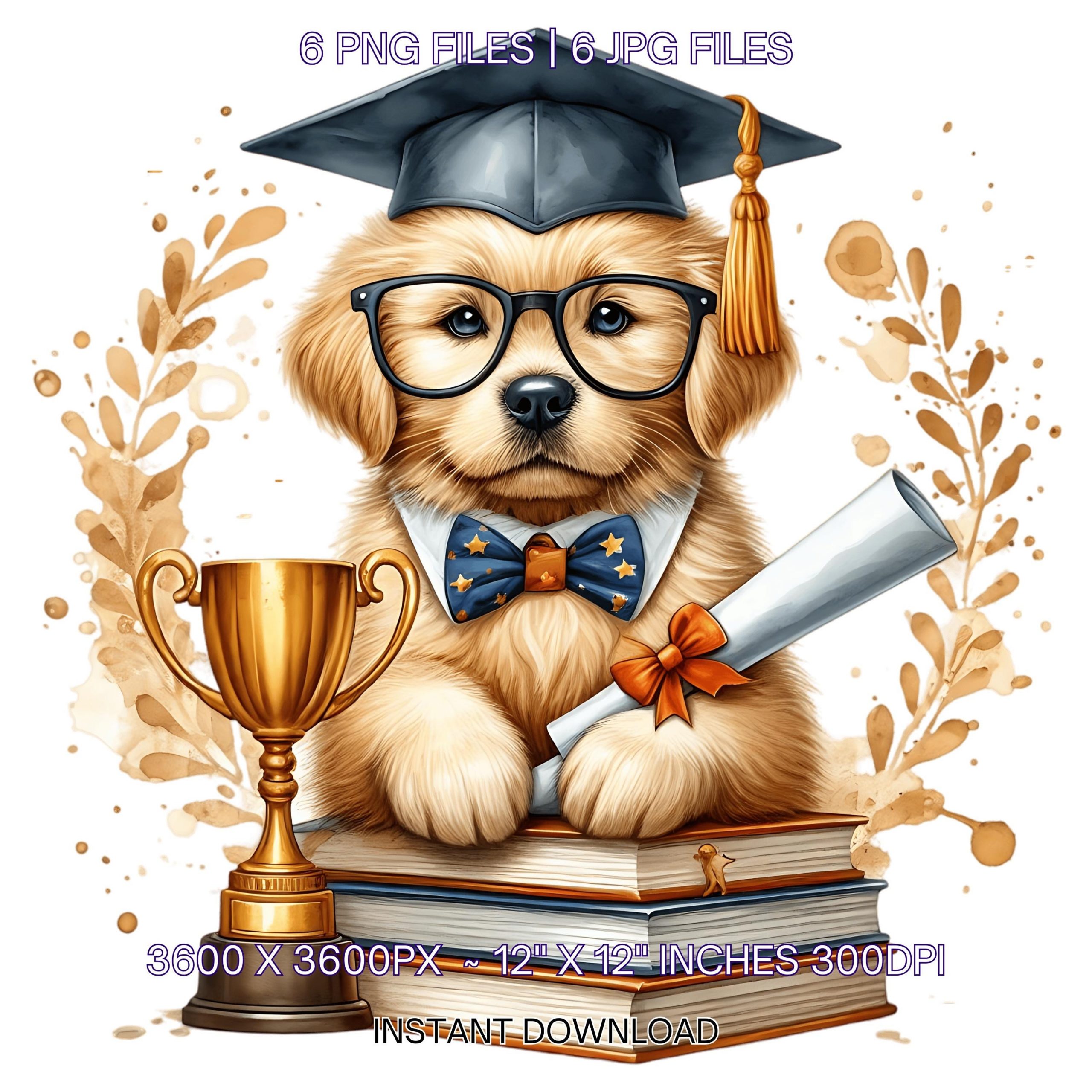 Kindergarten Golden Retriever Dog wearing Cap holding a Diploma PNG | Graduation Clipart | Grad Student | Graduate Kid, 6 JPG-PNG Commercial – Instant Digital Download