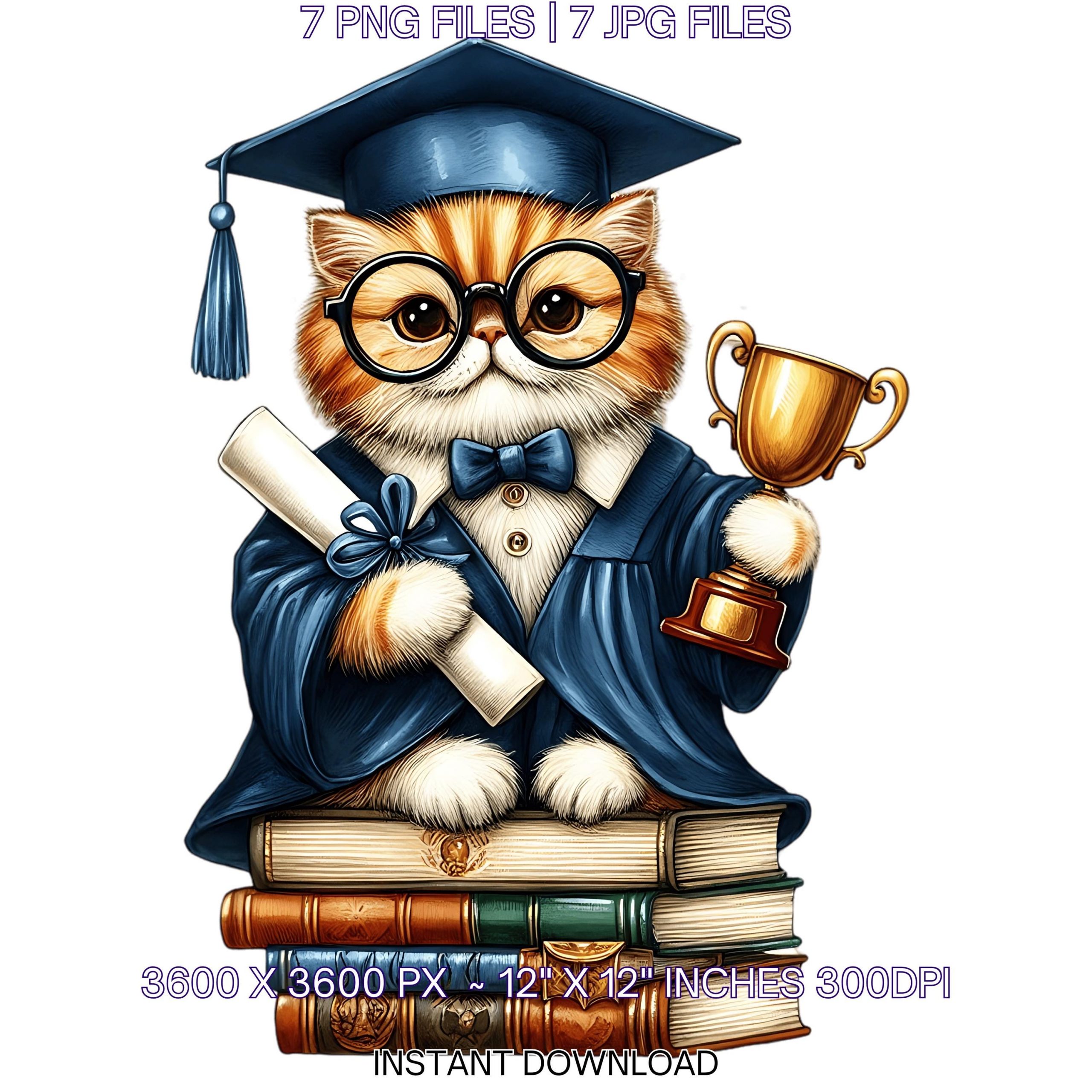 Kindergarten Brown Cat wearing Cap holding a Diploma PNG | Graduation Cat Clipart | Grad Student | Graduate Kid | 7 JPG-PNG Commercial Use – Instant Digital Download