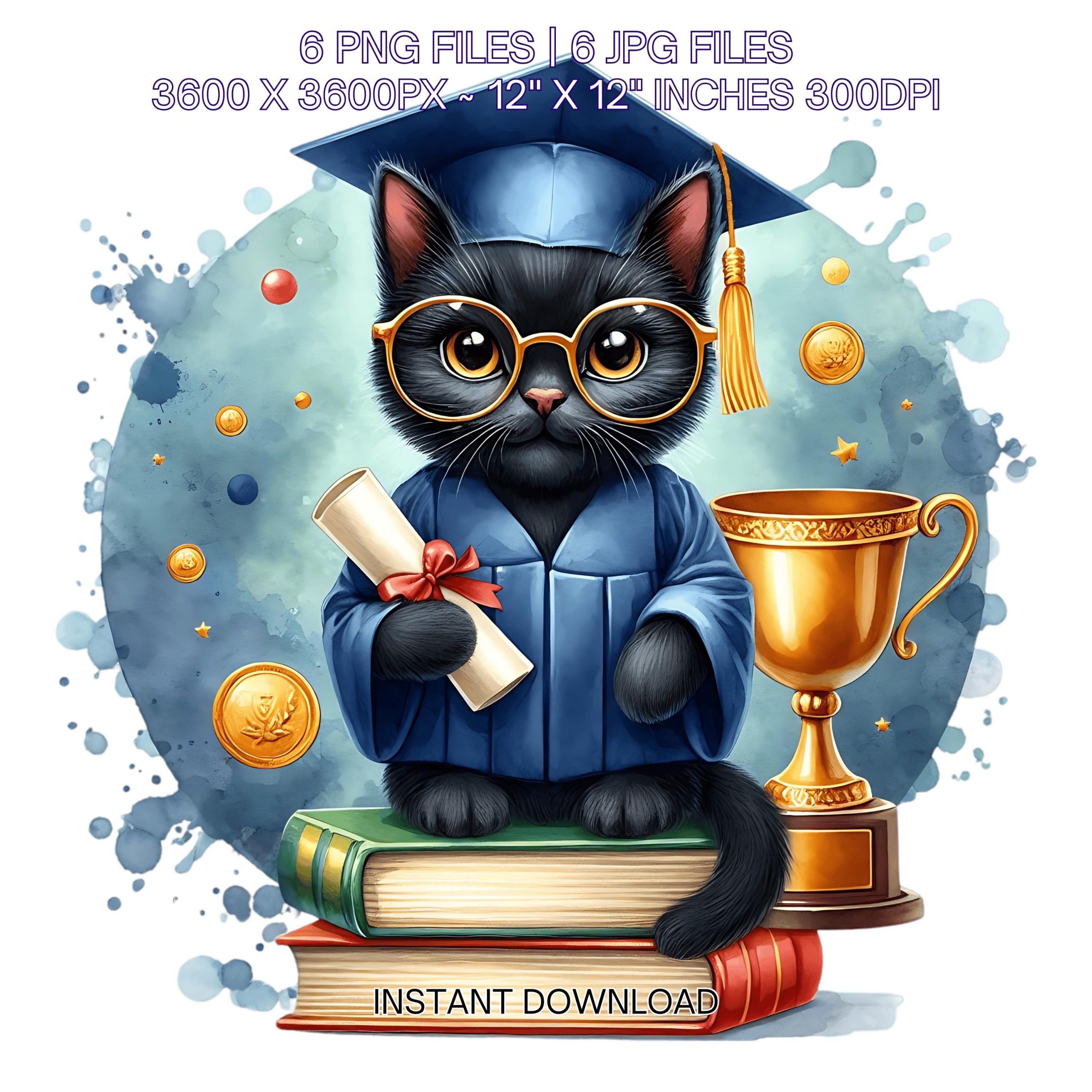 Kindergarten Black Cat wearing Cap holding a Diploma PNG | Graduation Cat Clipart | Grad Student | Graduate Kid | 6 JPG-PNG Commercial Use – Instant Digital Download