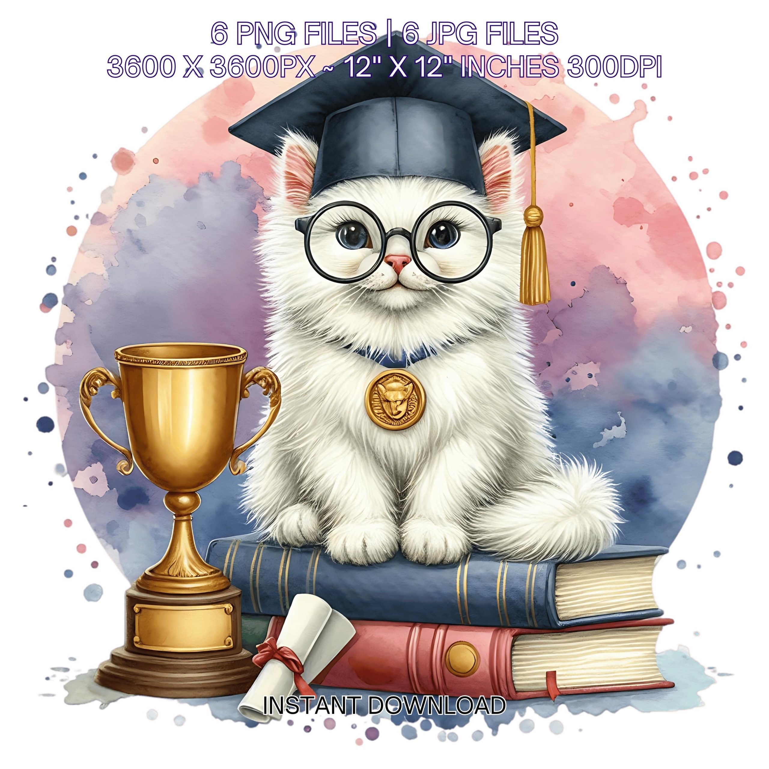 Kindergarten White Cat wearing Cap holding a Diploma PNG | Graduation Cat Clipart | Grad Student | Graduate Kid | 6 JPG-PNG Commercial Use – Instant Digital Download