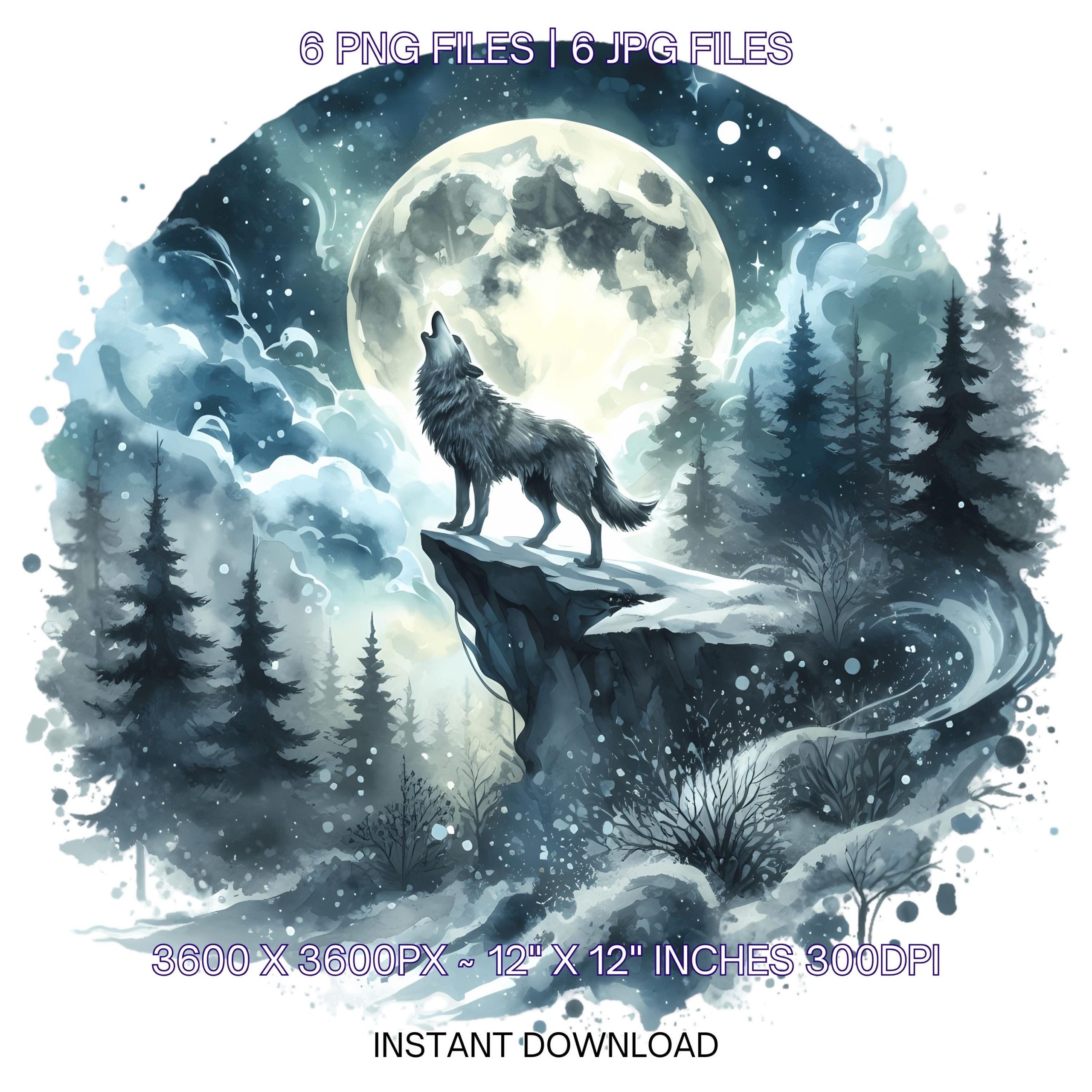 Wolf Clipart PNG | 6 Watercolor Lone Wolf howling at a glowing moon on a cliff, surrounded by trees | Sublimation Transparent Commercial Use – Instant Digital Download