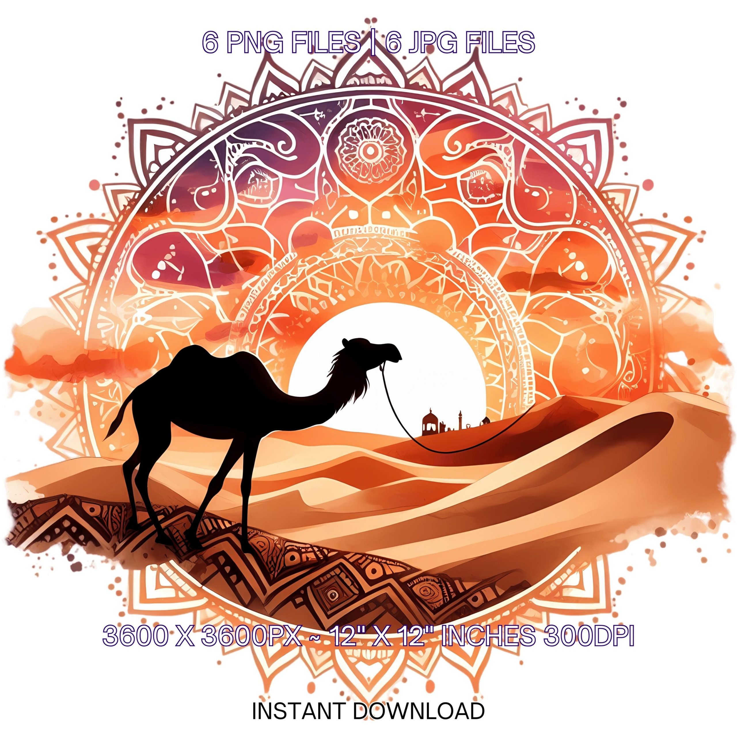Camel Clipart PNG | 6 Watercolor Desert with a Camel against Sand Dunes and a Blazing Sunset Clipart Sublimation Transparent Commercial Use – Instant Digital Download