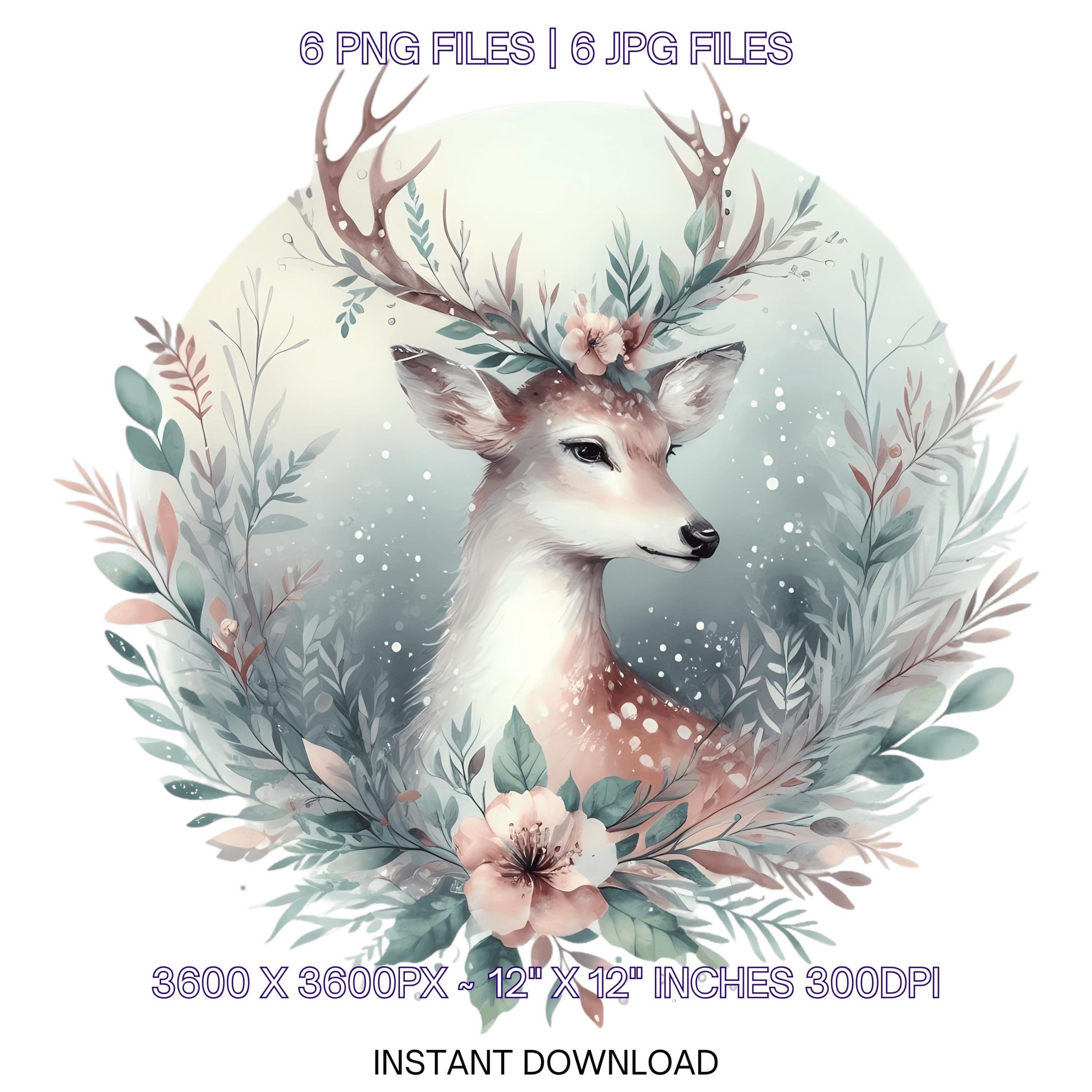 Deer Clipart PNG | 6 Watercolor Graceful Deer in a Misty Forest with Antlers Adorned with Floral Background Sublimation Commercial Use – Instant Digital Download