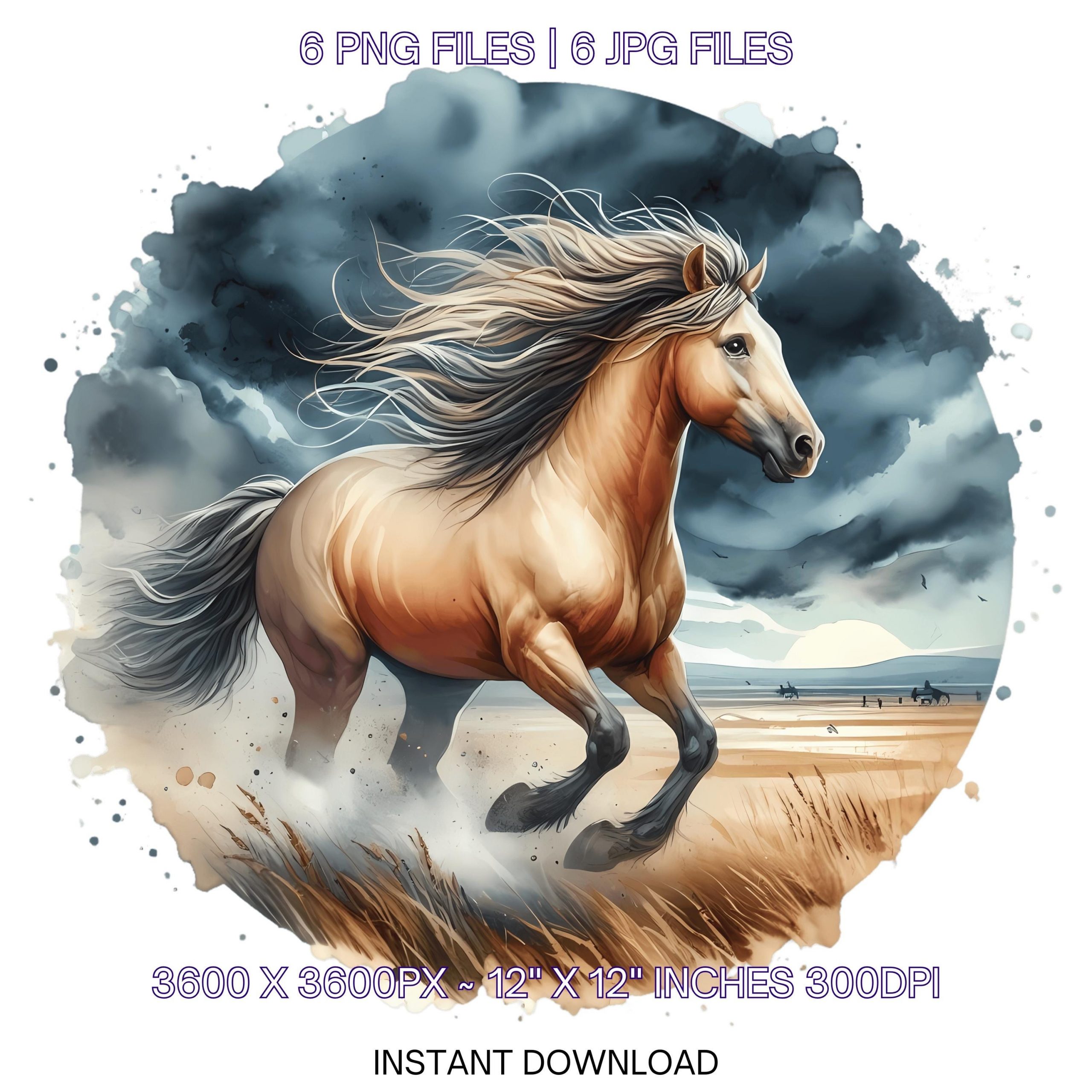 Horse Clipart PNG | 6 Watercolor Galloping Horse with its mane flowing in the wind, set against a stormy sky and open plains, Commercial Use – Instant Digital Download