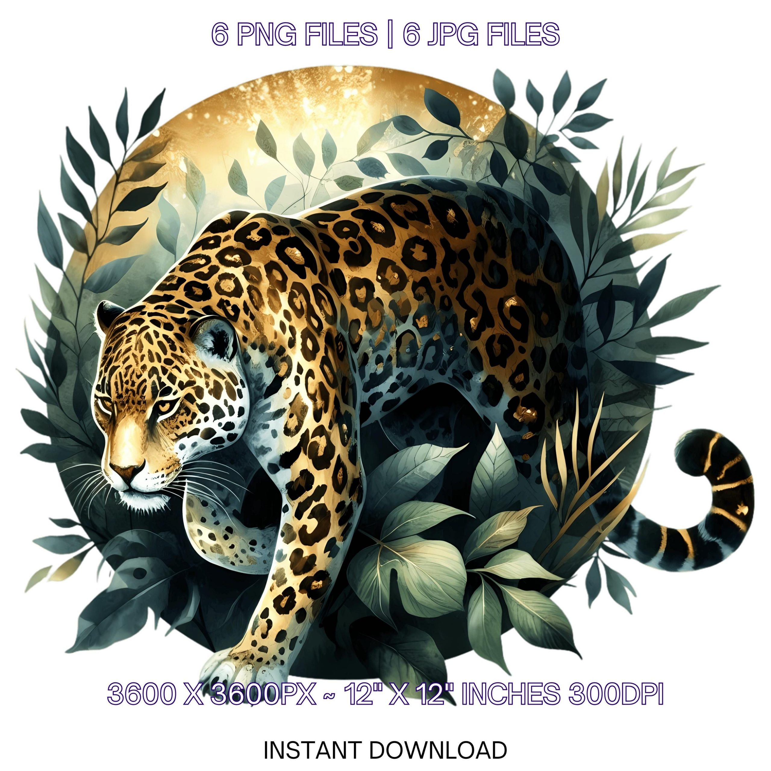 Jaguar Clipart PNG | 6 Watercolor Jaguar prowling through dense jungle shadows | Wild Animal Sublimation Transparent Commercial Use – Instant Digital Download