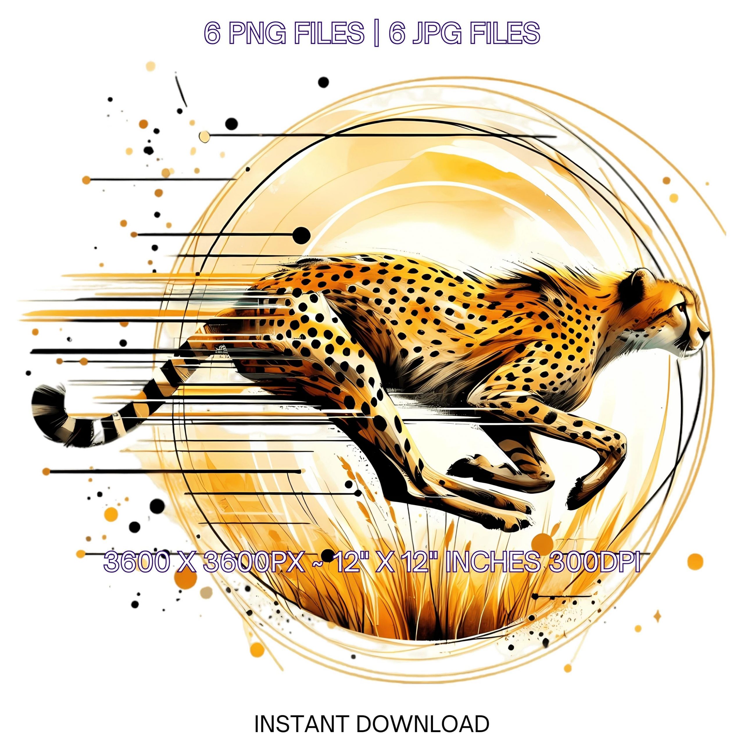Cheetah Clipart PNG | 6 Watercolor Cheetah Running in Savanna Grass | Sublimation Transparent Commercial Use – Instant Digital Download