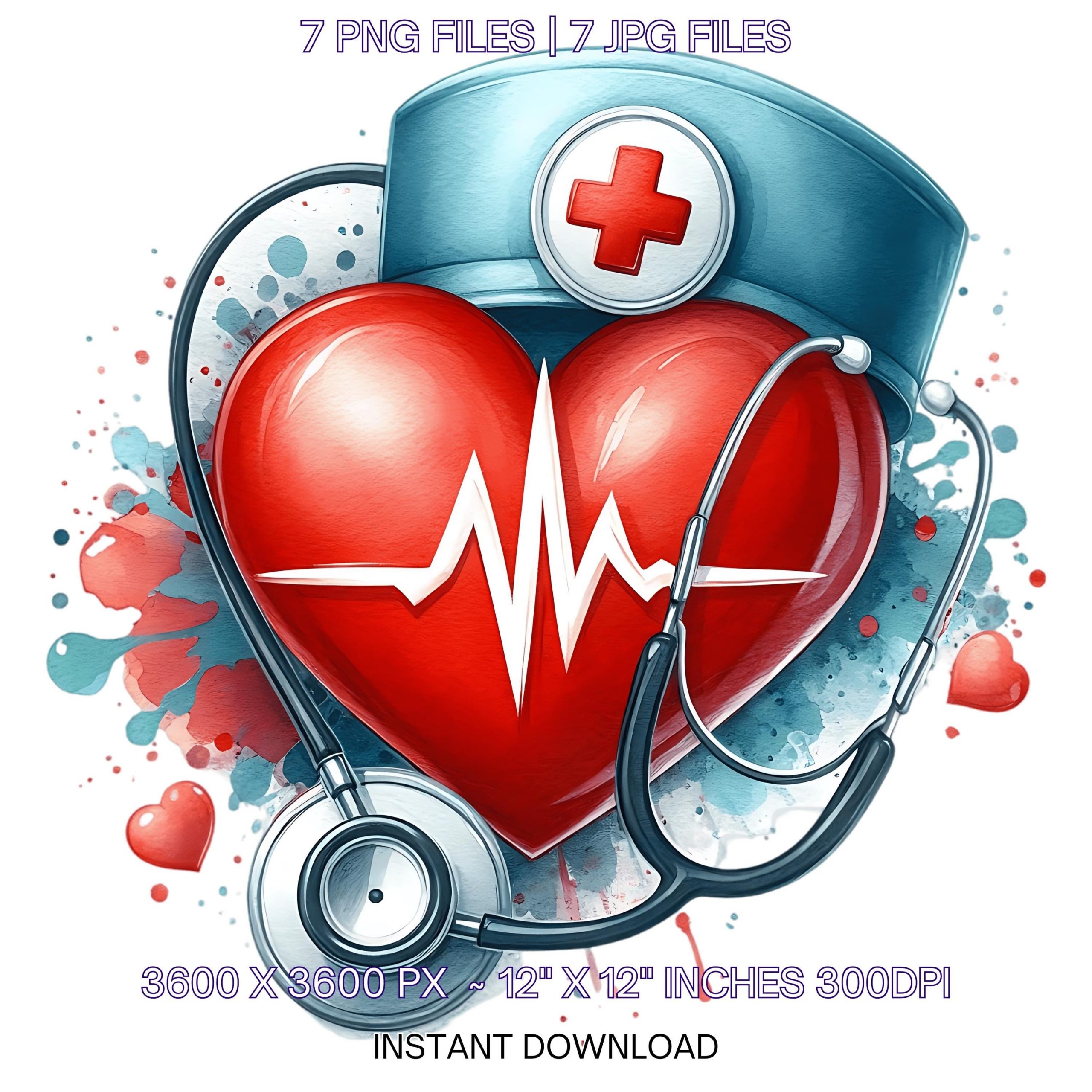Watercolor Red Heart with Pulse Symbol & Stethoscope on Doctor’s Hat | Medical Clipart | Health Clipart Sublimation 7 JPG-PNG Commercial Use – Instant Digital Download