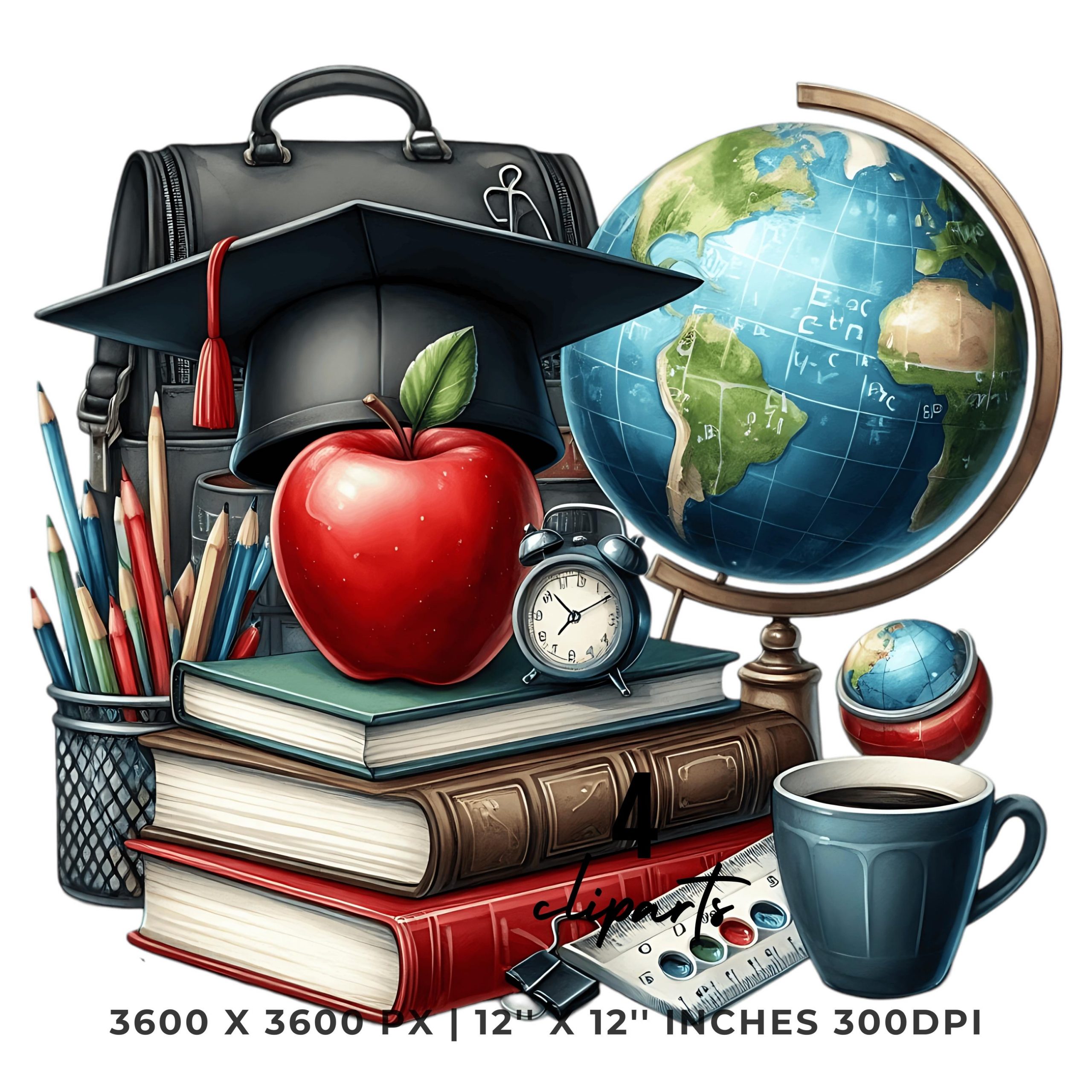 Teacher Clipart with Graduation Cup, Pencils, Earth Globe, Coffee Cup, Backpack & Red Apple on Books | Sublimation 4 JPG-PNG Commercial Use – Instant Digital Download