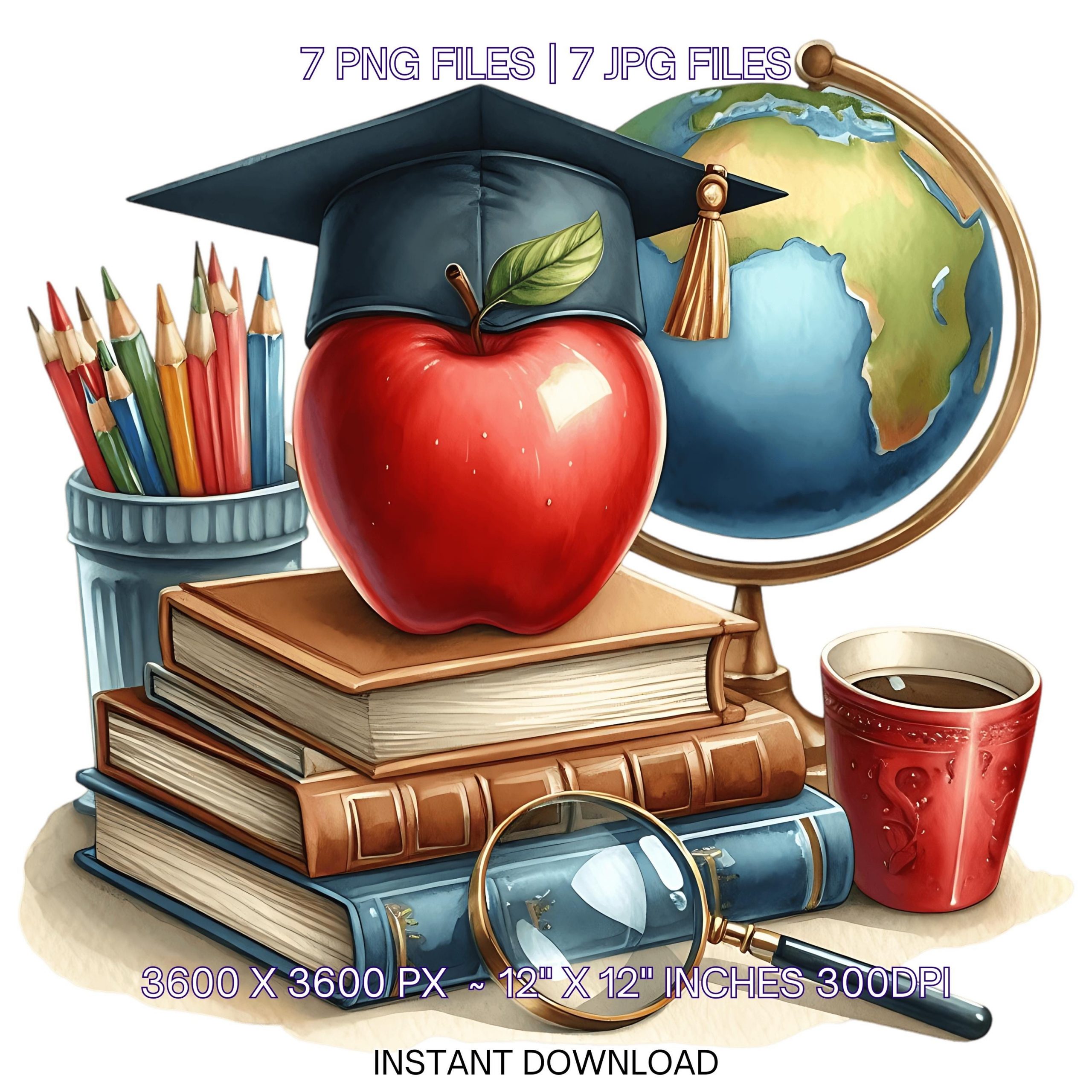 Graduation Cup & Red Apple on Stack of Books with Pencils, Earth Globe, Coffee Cup | Teacher Clipart | Sublimation 7 JPG-PNG Commercial Use – Instant Digital Download
