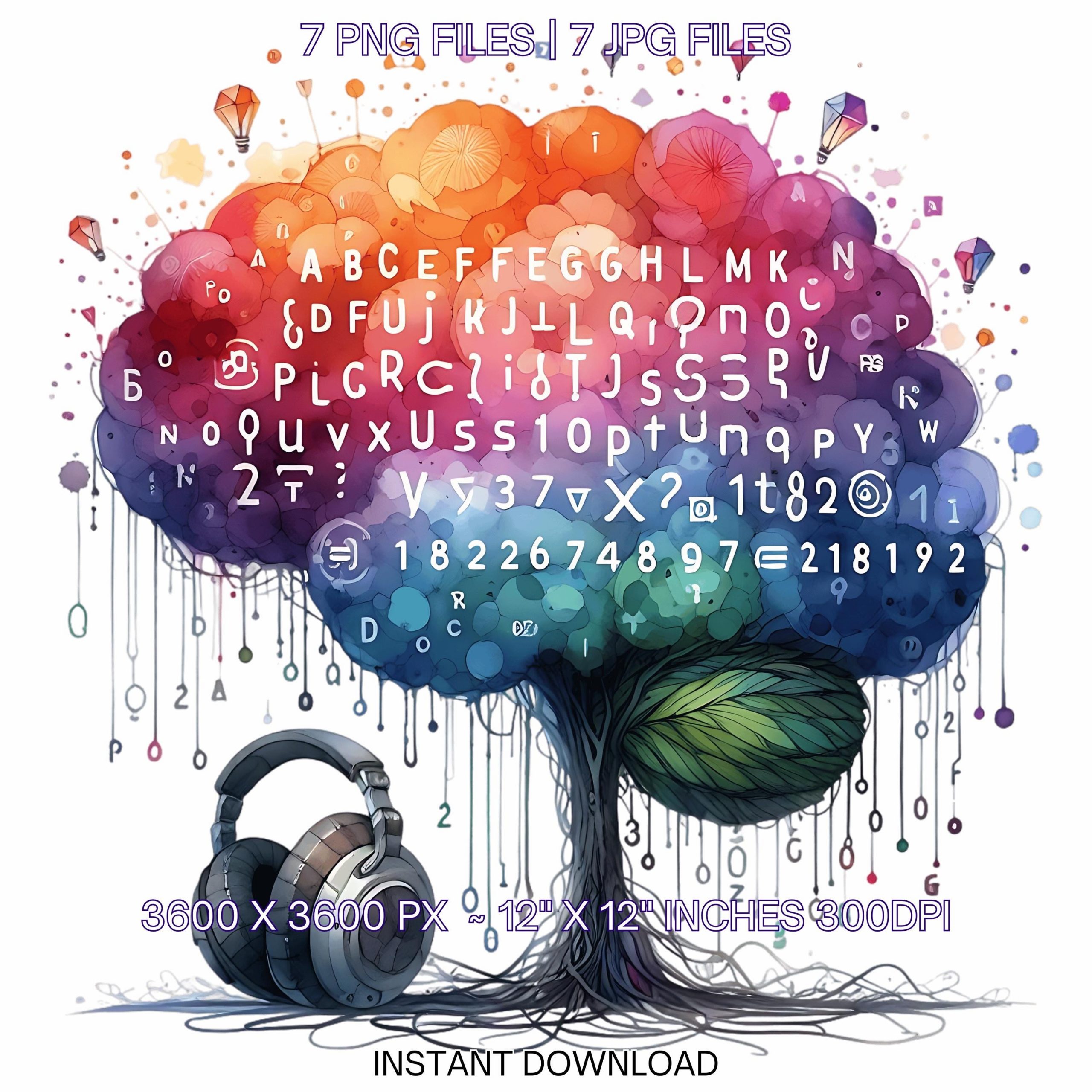 Engineer Brain Thinking Clipart | Mind Clip Art | Programming Head Brain & Headphones Clipart Transparent Digital 7 PNG-JPG Commercial Use – Instant Digital Download