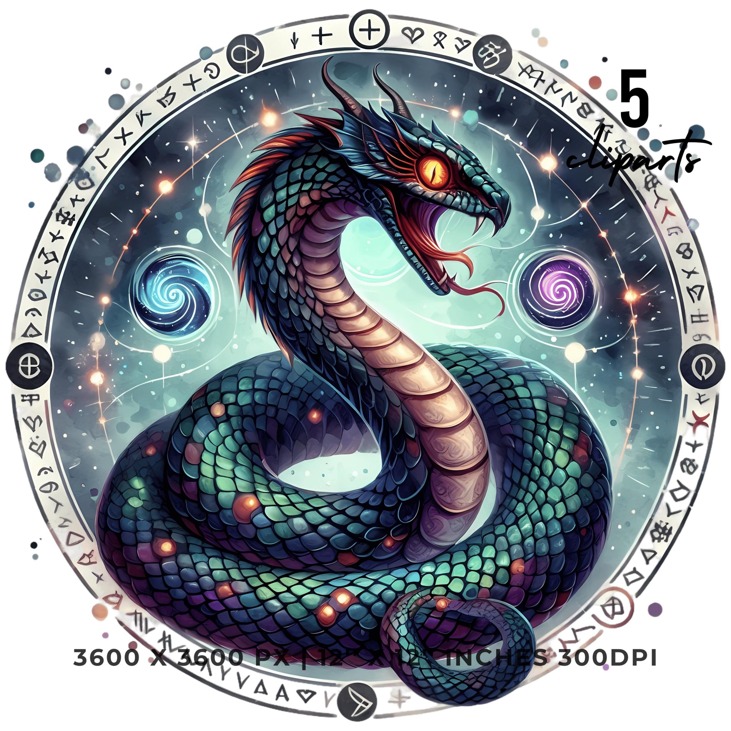 Coiled Serpent Clipart PNG | 5 Watercolor Coiled Serpent, glowing eyes, and mystical runes | | Sublimation Transparent Commercial Use – Instant Digital Download