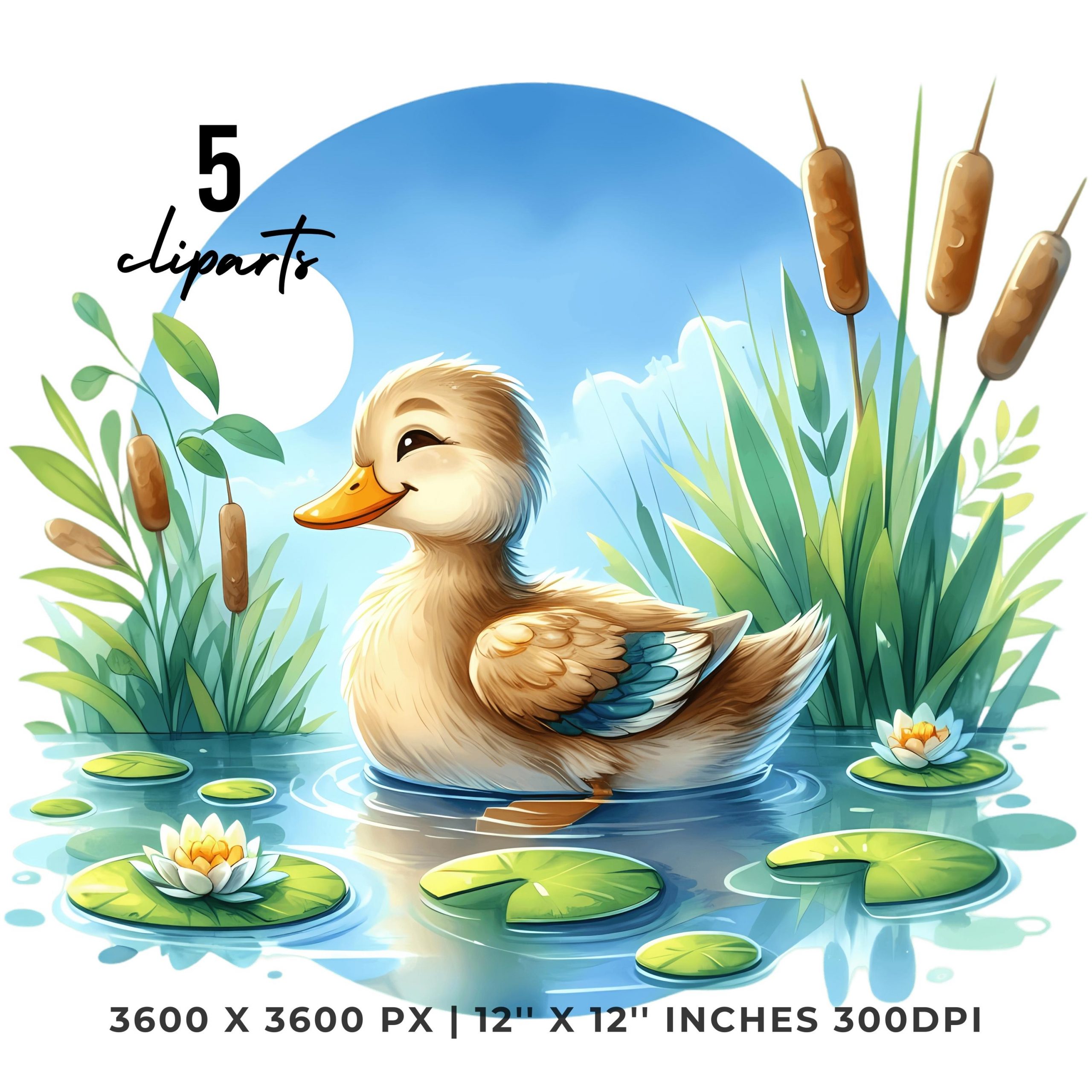 Duck Paddling Clipart PNG | 5 Watercolor Cheerful Duck Paddling in a Pond with Lily Pads, and a sky reflection | Sublimation Commercial Use – Instant Digital Download