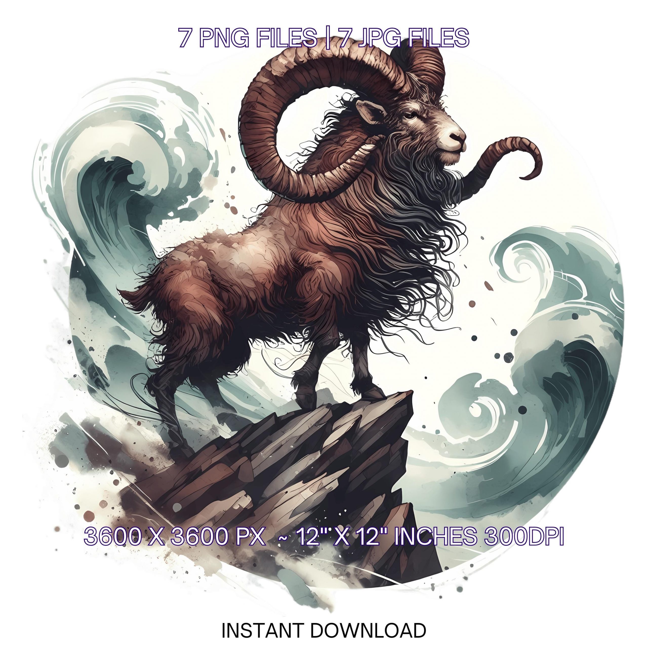 Sturdy Ram Clipart PNG | 7 Watercolor Sturdy Ram with Coiled horns atop a rocky cliff with gusts of wind| Sublimation Commercial Use – Instant Digital Download